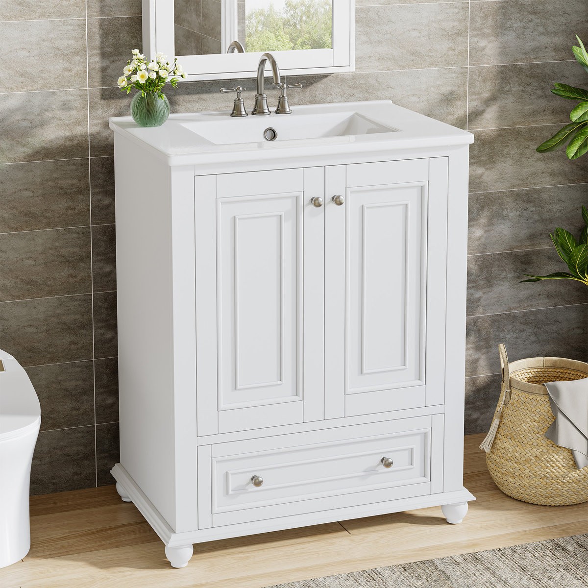 24 inch Bathroom Vanity with Ceramic Sink Combo Cabinet with 2 Doors & 1 Drawer