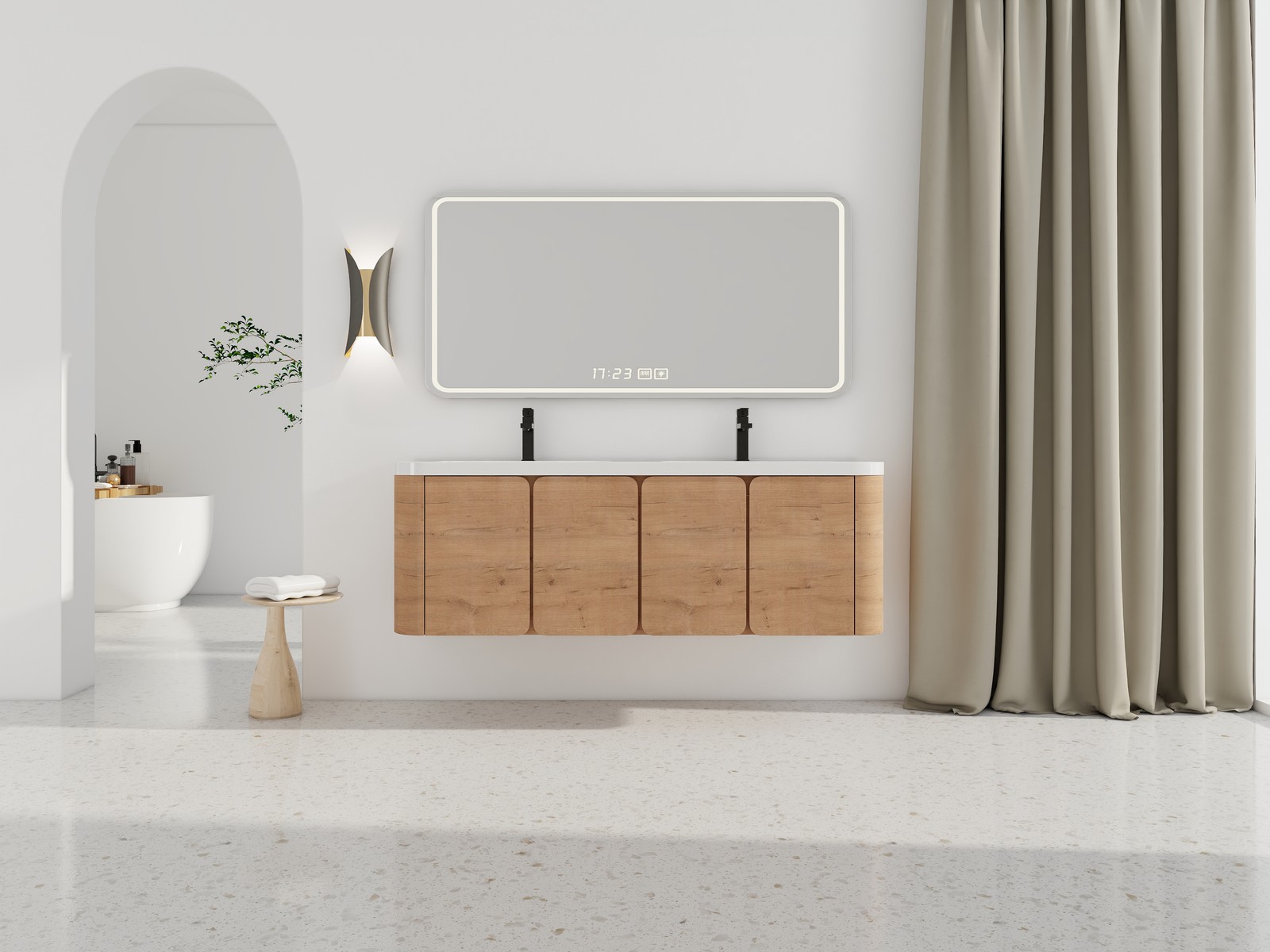 60″ Plywood Floating Wall-Mounted Bathroom Vanity With Double Resin Sink 4 Doors