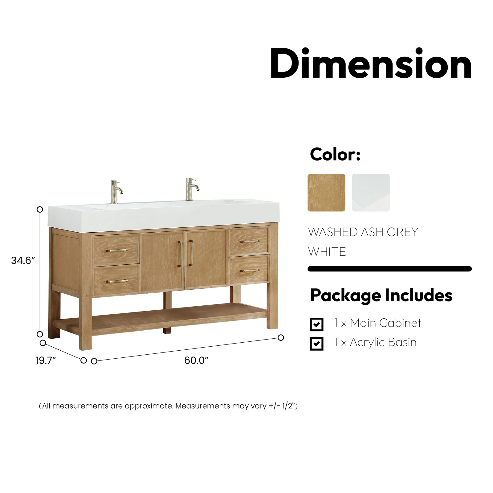 Vera 60″ Single Bath Vanity in Washed Ash Grey with White Integrated Stone Sink