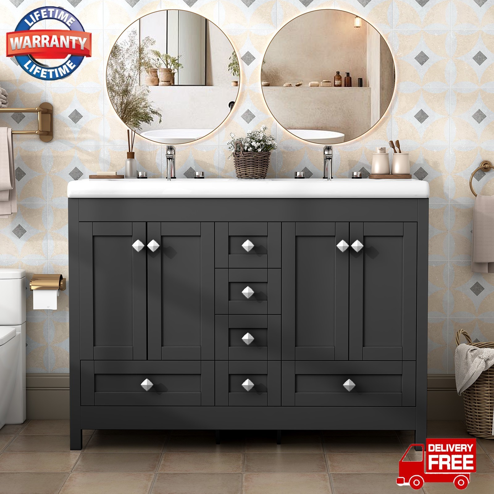 47″ Bathroom Vanity Cabinet with Double Sink Ceramic and 5 Drawers Freestanding