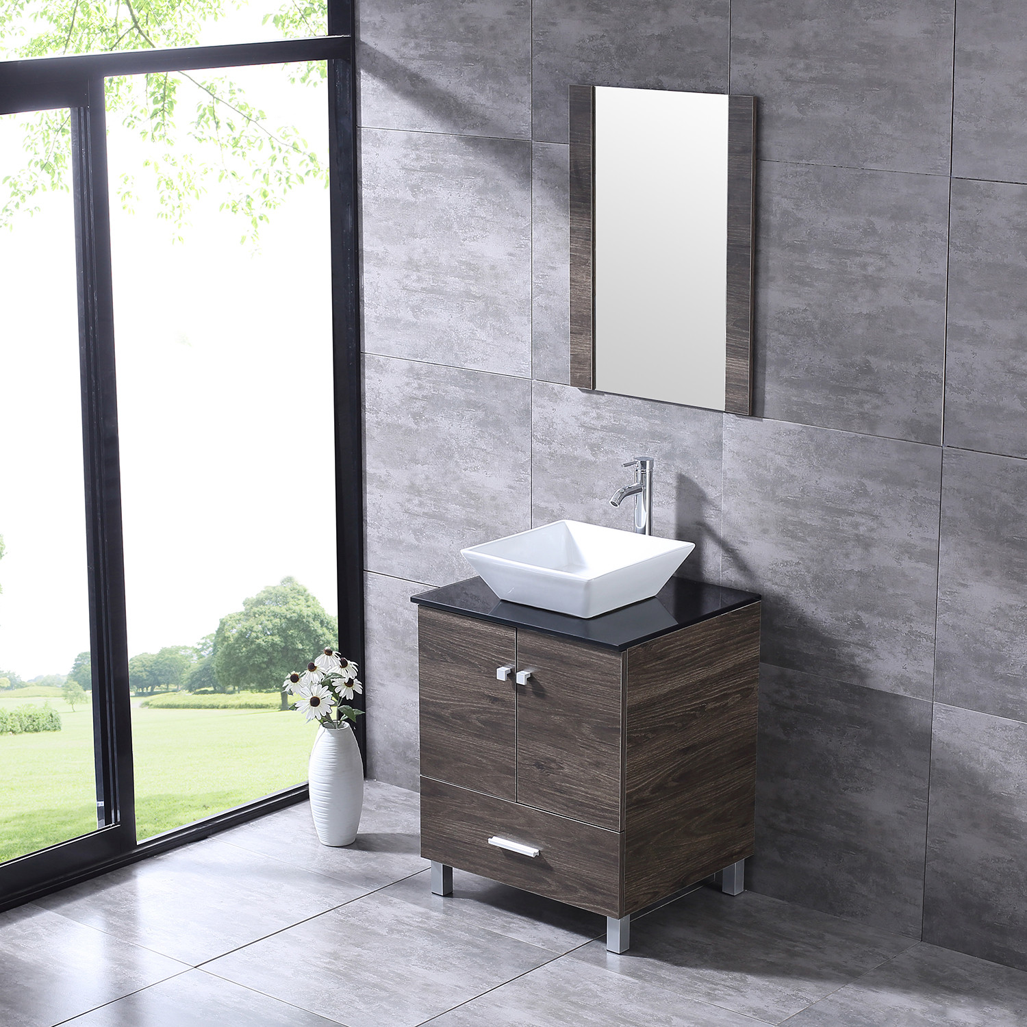 24″/36″/60″72″ Bathroom Vanity Wood Cabinet Ceramic Porcelain Sink Mirror Combo