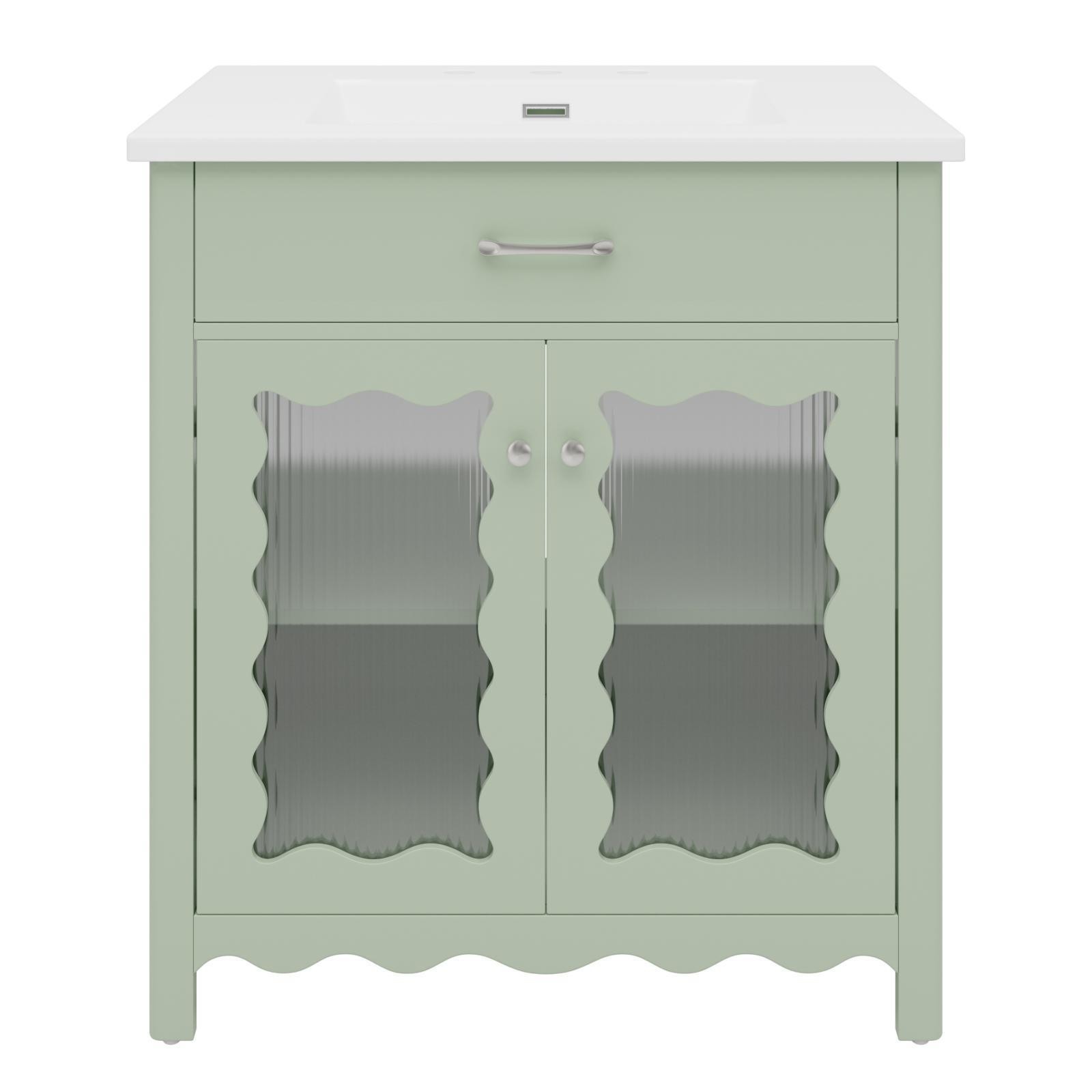 Green MDF Bathroom Vanity with Ceramic Sink Tempered Glass Cabinet Adjustable