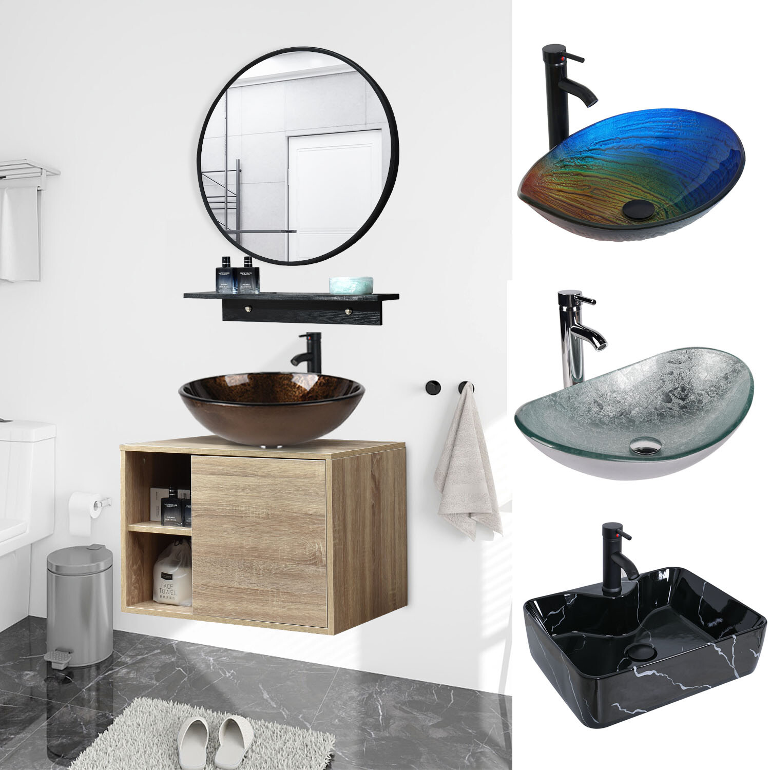 24″ Bathroom Vanity Set Wall Mounted Floating Storage Cabinet Open Shelves Sink