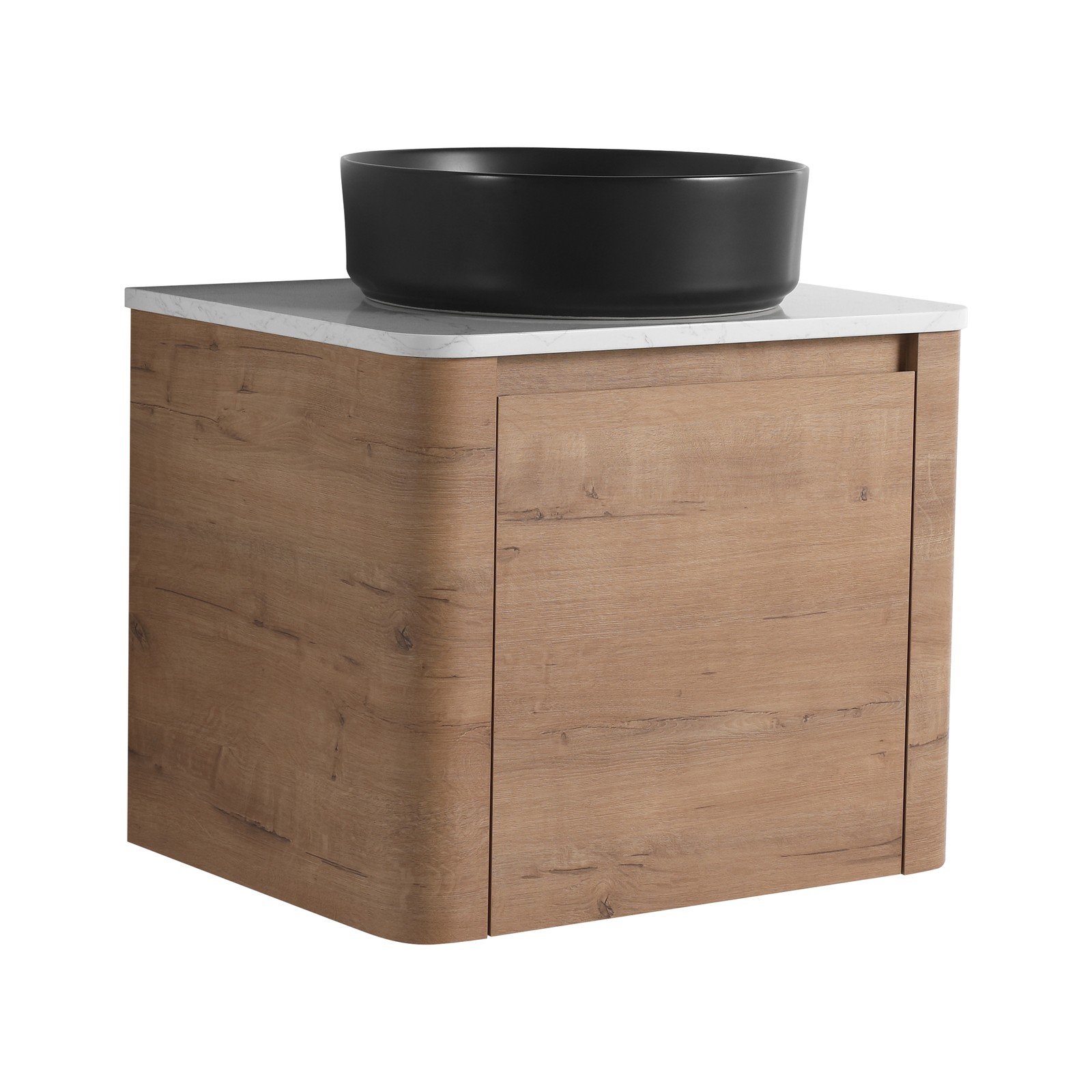 24 In Bathroom Vanity With White Flat Stone Slab Top Black Ceramic Vessel Sink