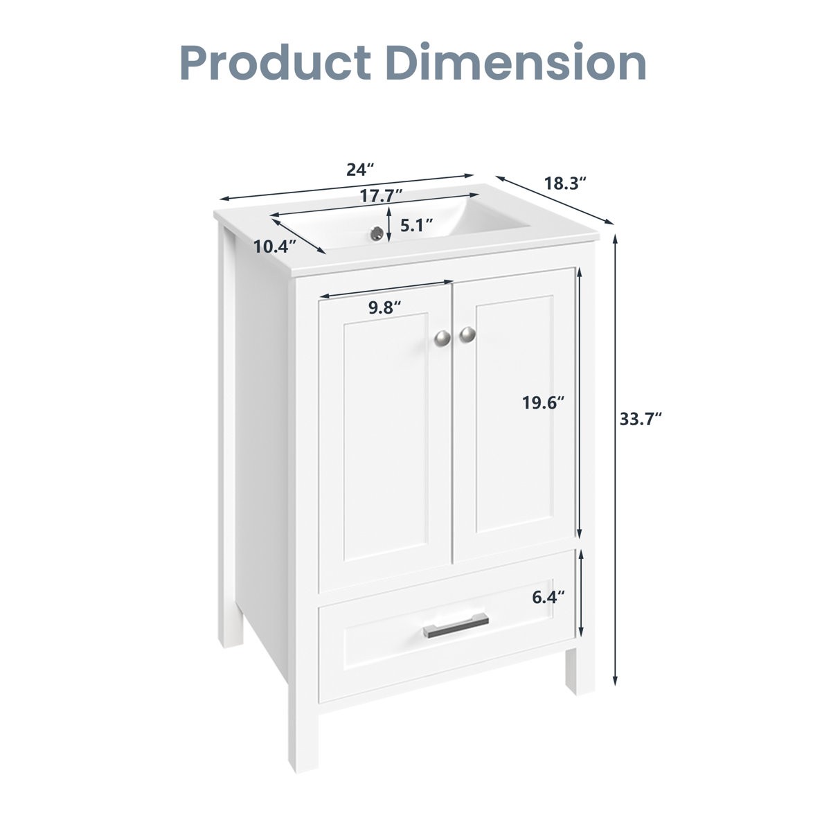 24″ Single Bathroom Vanity with Sink Ceramic Top Modern White Cabinet Drawers