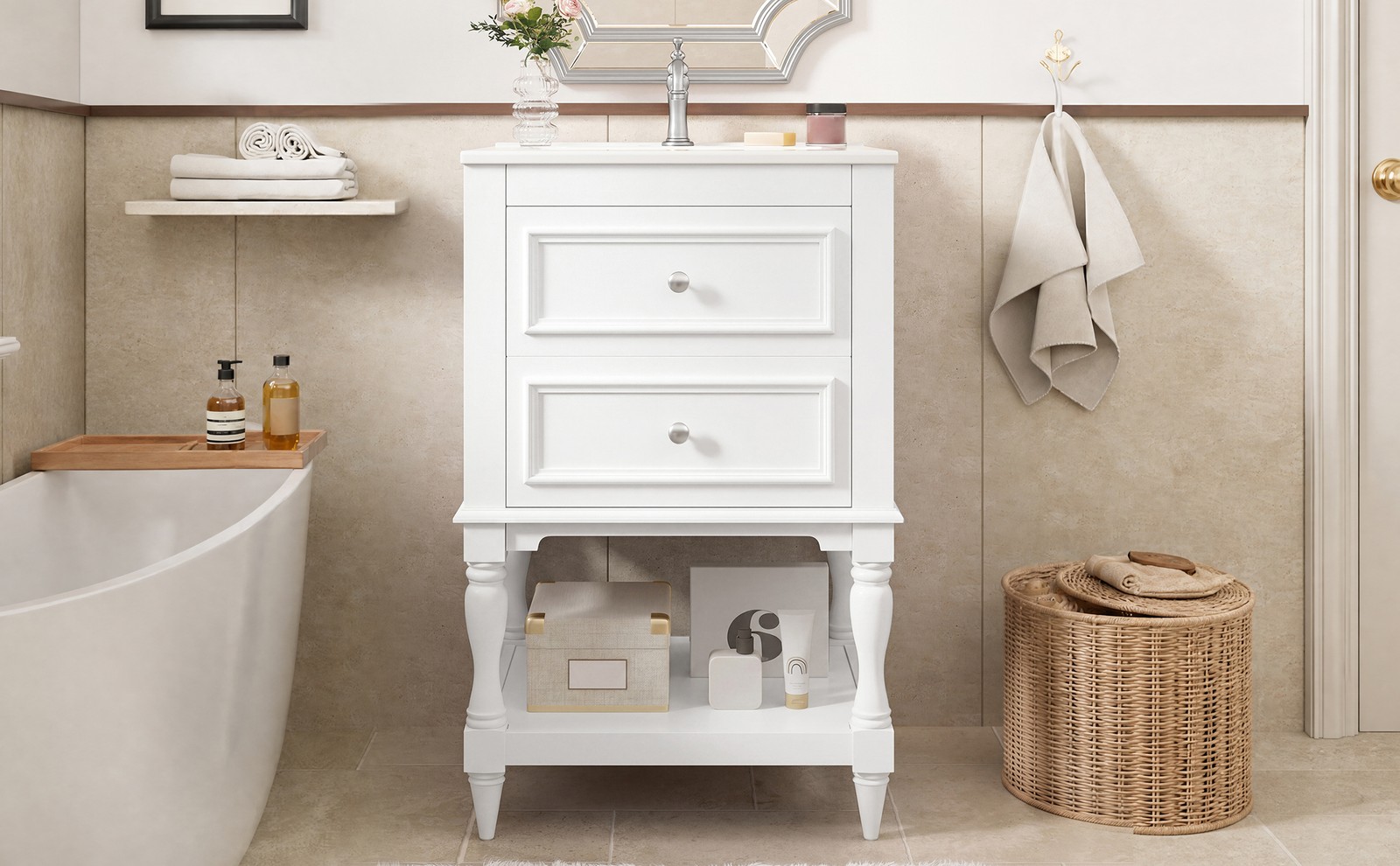 20″ Bathroom Vanity with Ceramic Sink, 2 Drawers & Open Shelf, Retro Design
