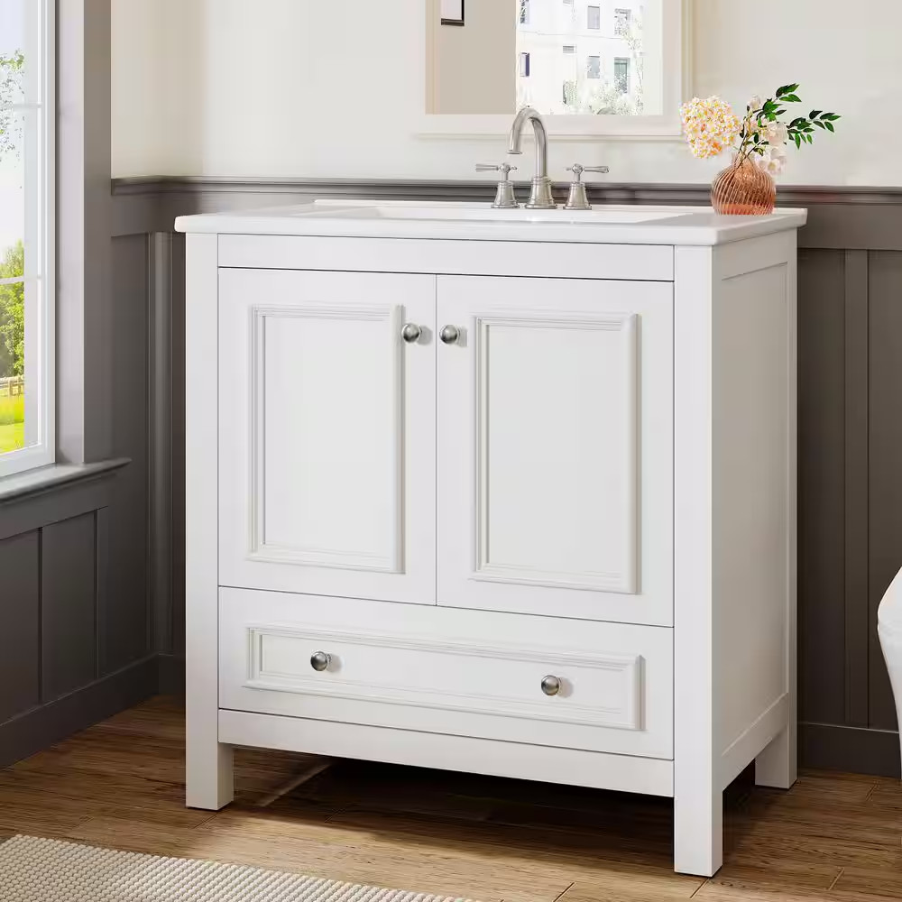 30 In. Single Sink Freestanding White Bath Vanity with White Ceramic Top Unassem