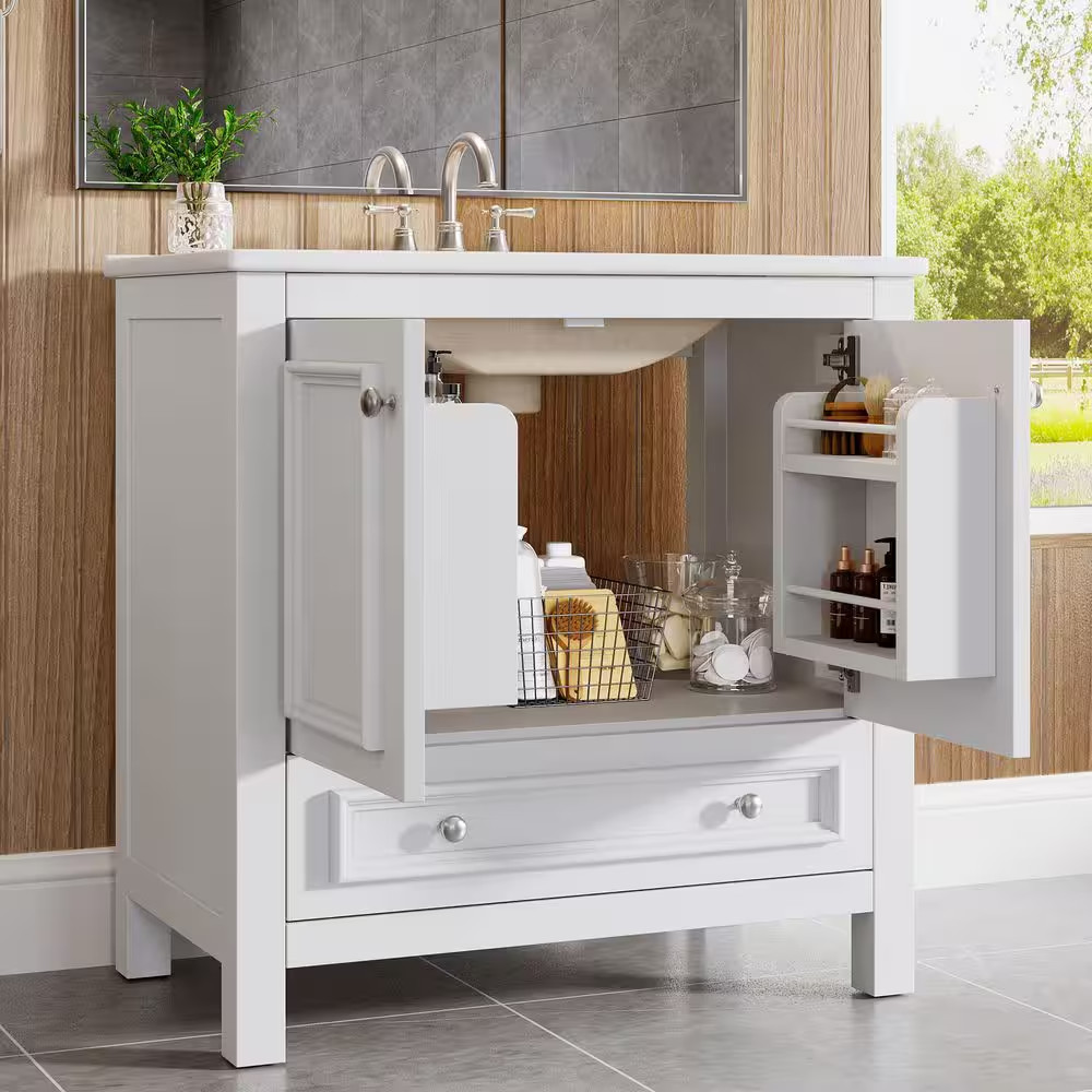 30 In. Single Sink Freestanding White Bath Vanity with White Ceramic Top Unassem