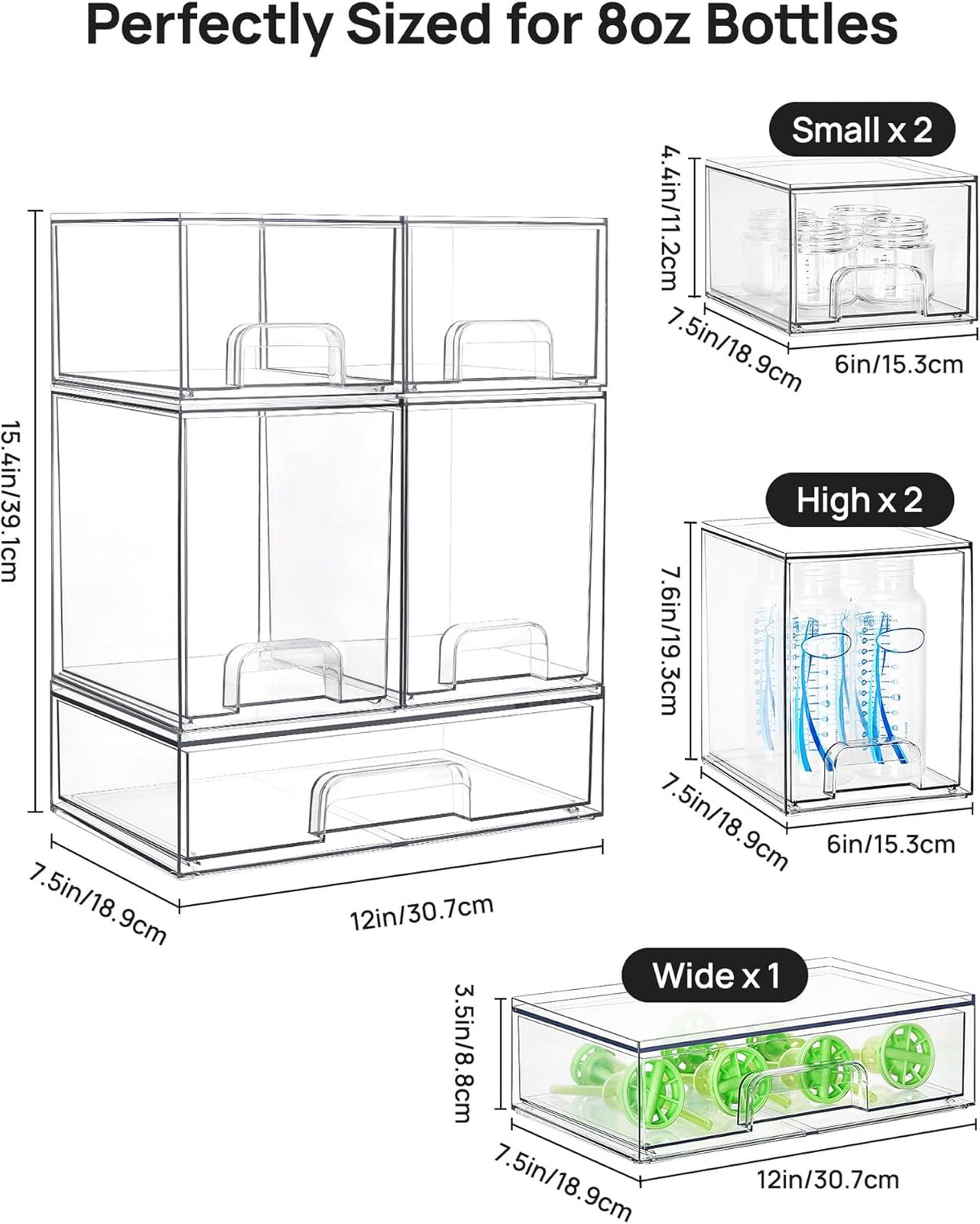 Stackable Storage Drawers Set of 5 Clear Plastic Organizer Bins for Bathroom