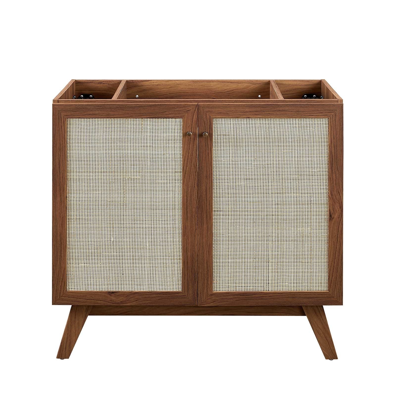 Modway Soma 36″ Modern Wood Bathroom Vanity Cabinet with Rattan Door in Walnut