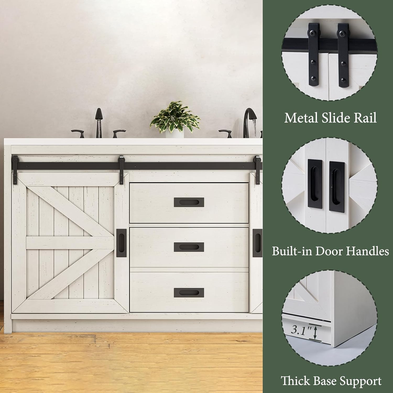 61″ Farmhouse Sliding Barn Door Double Vanity with Sink Combo, Freestanding Bath
