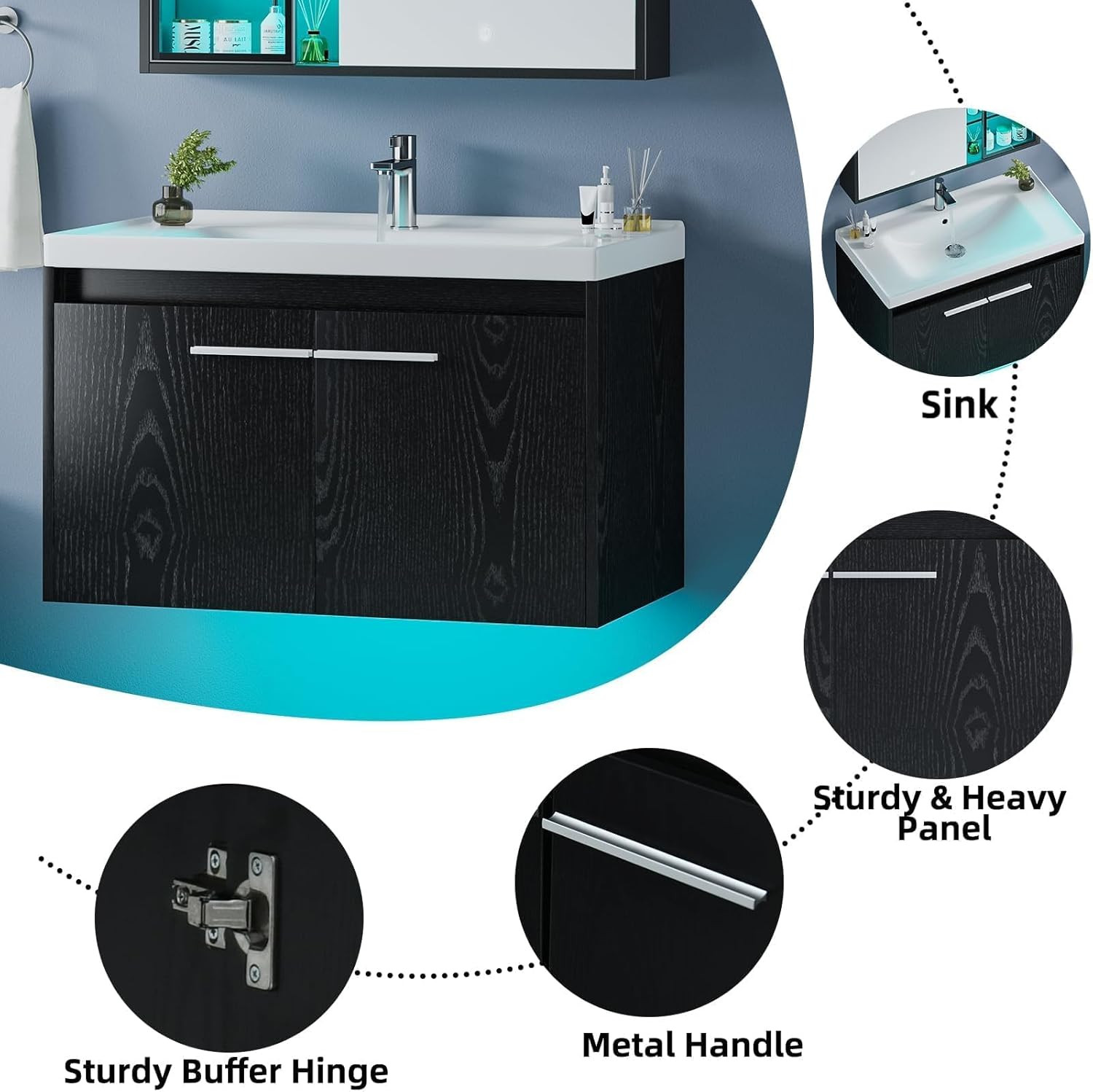 31″ Floating Bathroom Vanity with Sink, Modern Black Bathroom Vanity with LED Li