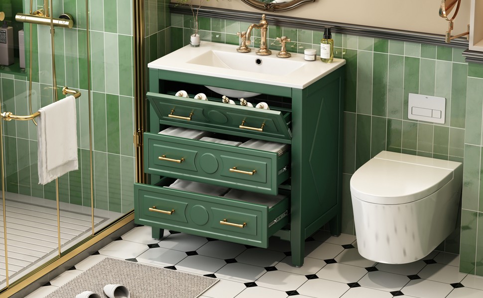 30″ Green Bathroom Vanity with Ceramic Sink, 3 Drawers, Solid Wood