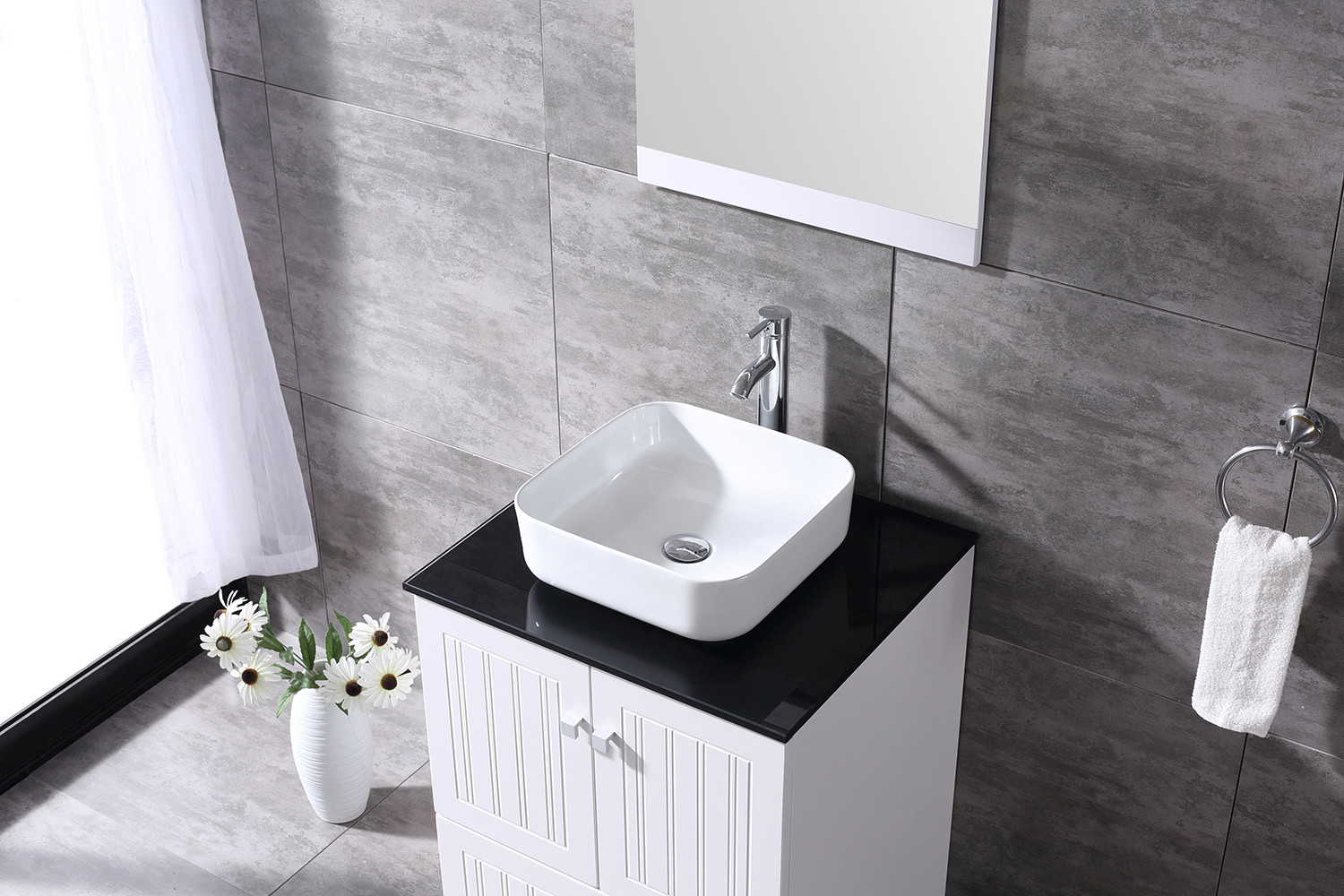 24″ Bathroom Single Vanity PVC Cabinet Basin Ceramic Sink Faucet w/ Mirror Set