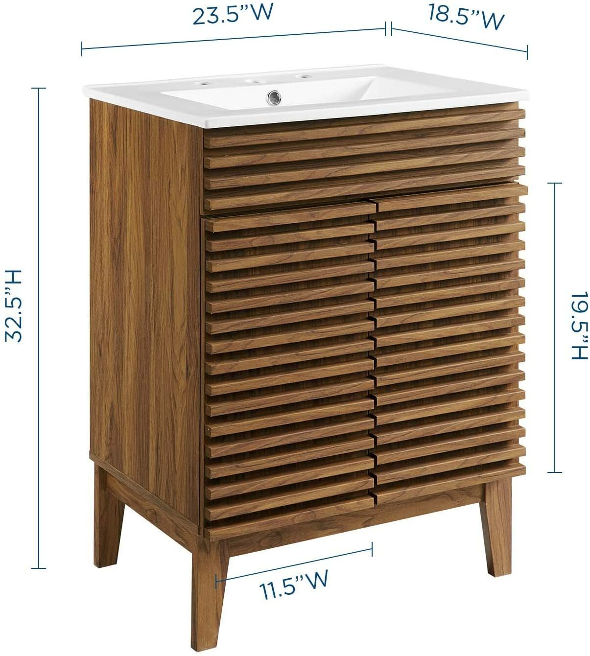 Mid-Century Modern Bathroom Vanity Walnut Grain Laminate Tapered Legs White Sink