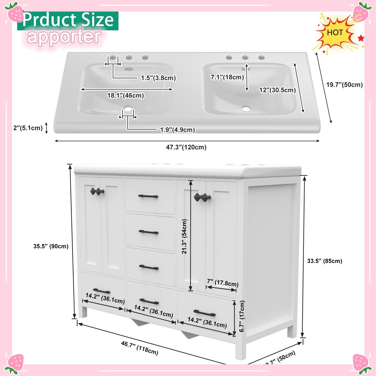 47in Bathroom Vanity &Sink,Freestanding Vanity Storage Cabinet,6 Drawers,2 Doors