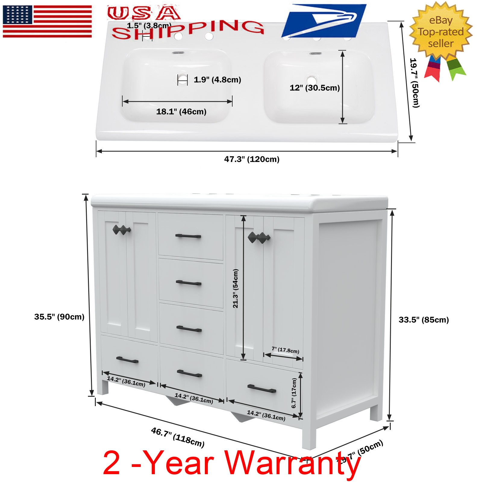 Bathroom Vanity Double Sink Ceramic Freestanding Storage Cabinet Drawers White