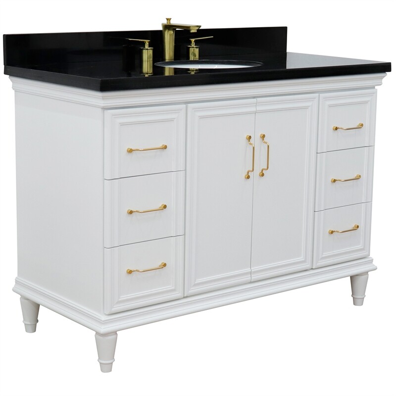 49 in. Single Wooden Vanity White with Black Galaxy Granite Oval Sink