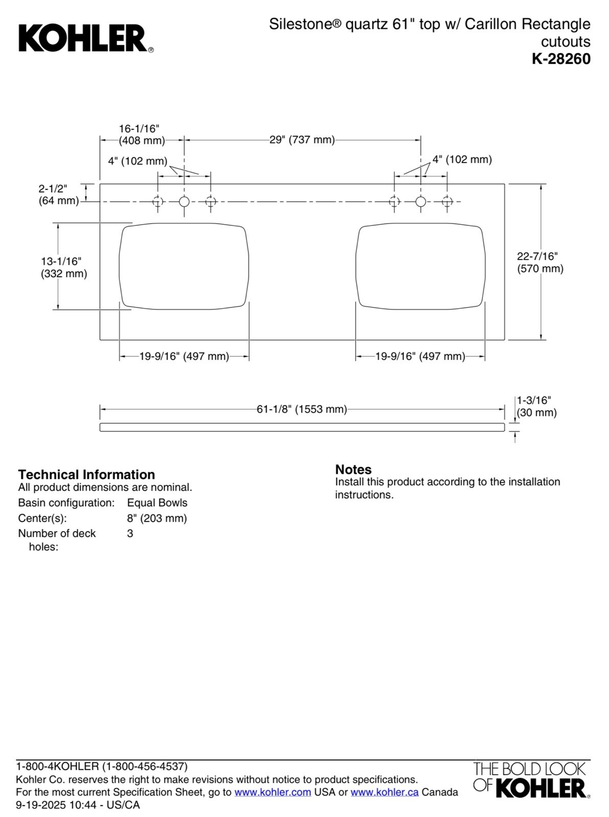 Silestone quartz 61″ vanity top with double Carillon Rectangle cutouts 28260-MMW