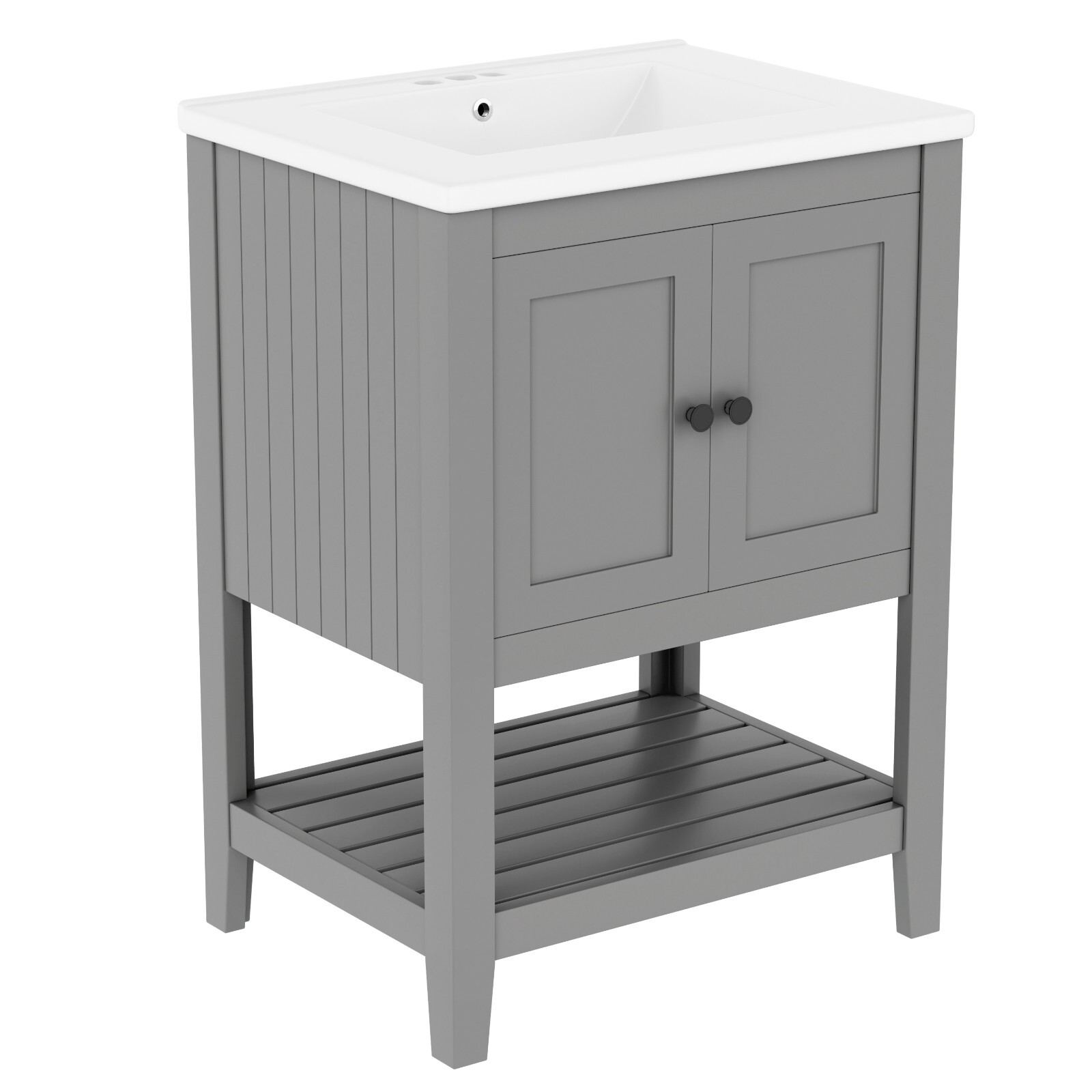 24″ Modern Bathroom Vanity – Solid Wood Frame, Semilune Ceramic Sink, Open Shelf