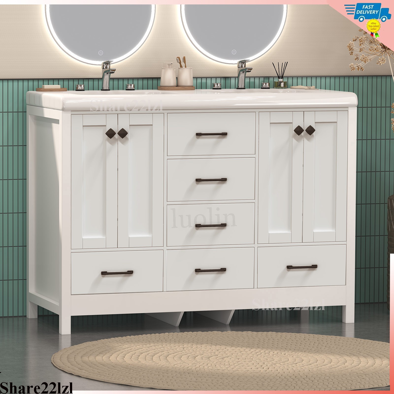 47″ Bathroom Vanity With Double Sink Ceramic Storage Cabinet without Faucet New