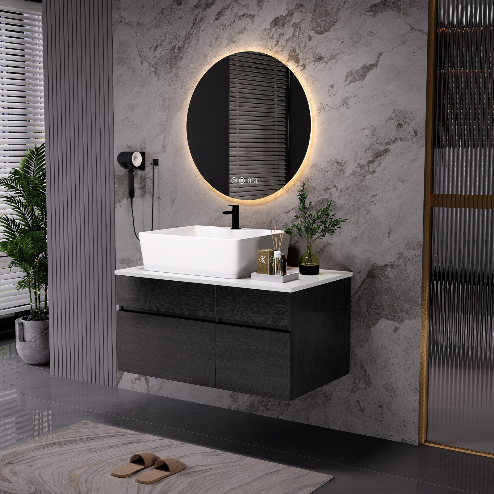 31.5″ Floating Single Bathroom Vanity with Ceramic Sink