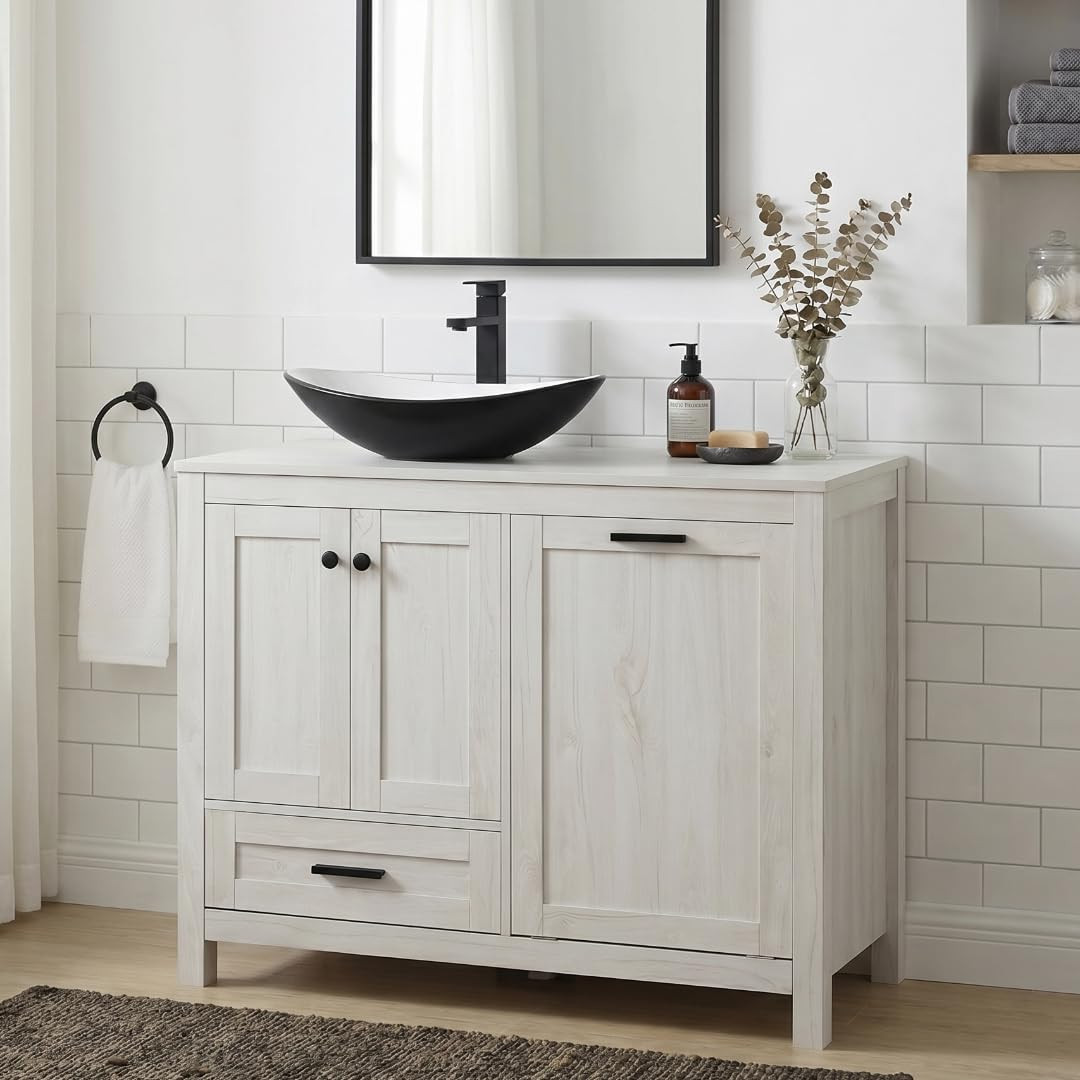42″ Bathroom Vanity Cabinet with Removable Laundry Hamper, Modern Standing Pedes