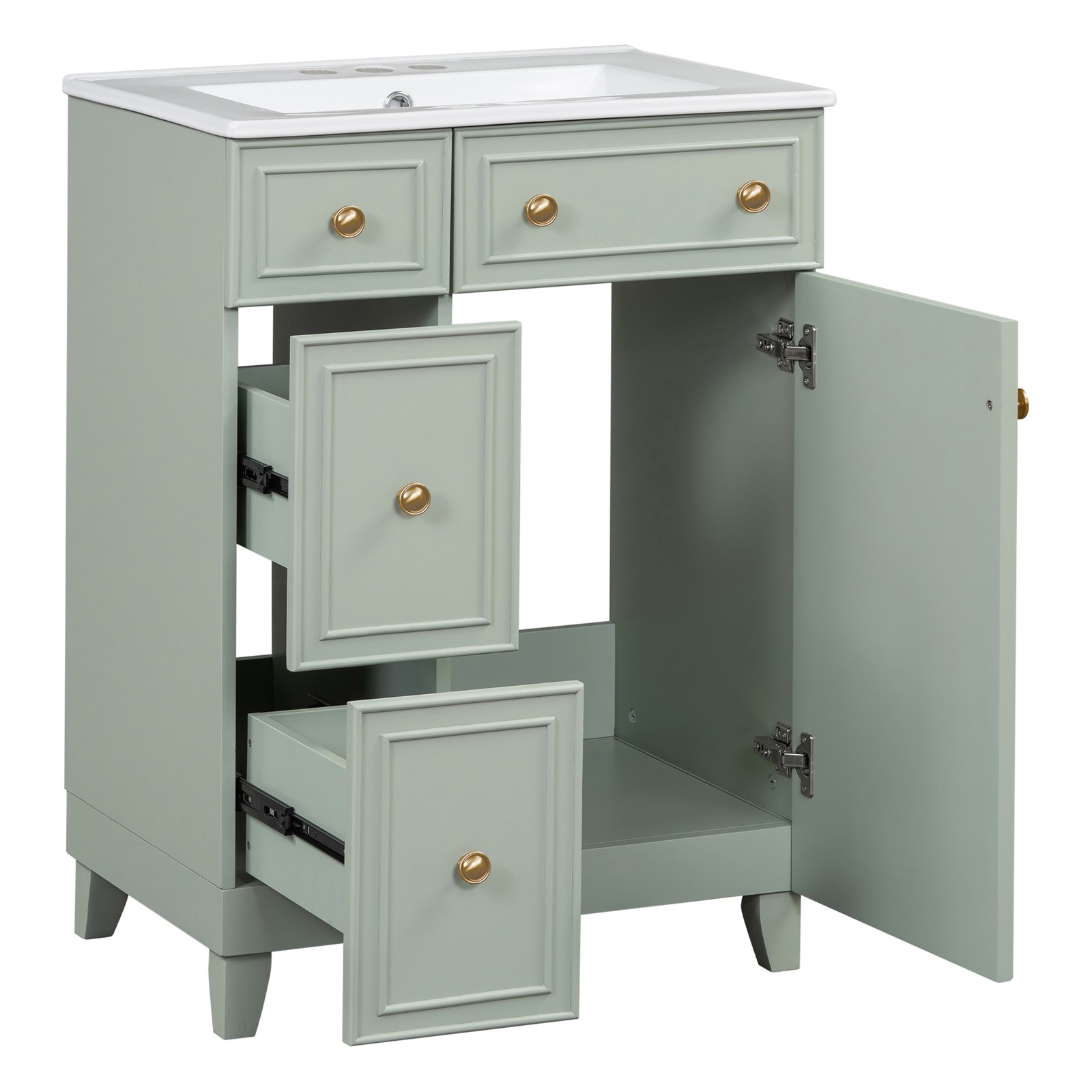 24″ Bathroom Vanity Cabinet with Ceramic Sink, 2 Drawers, 1 Door