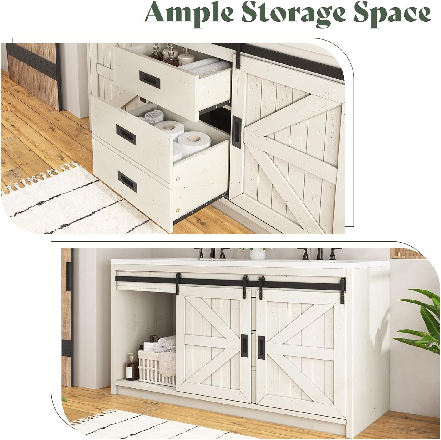 61″ Farmhouse Sliding Barn Door Double Vanity with Sink Combo, Freestanding Bath