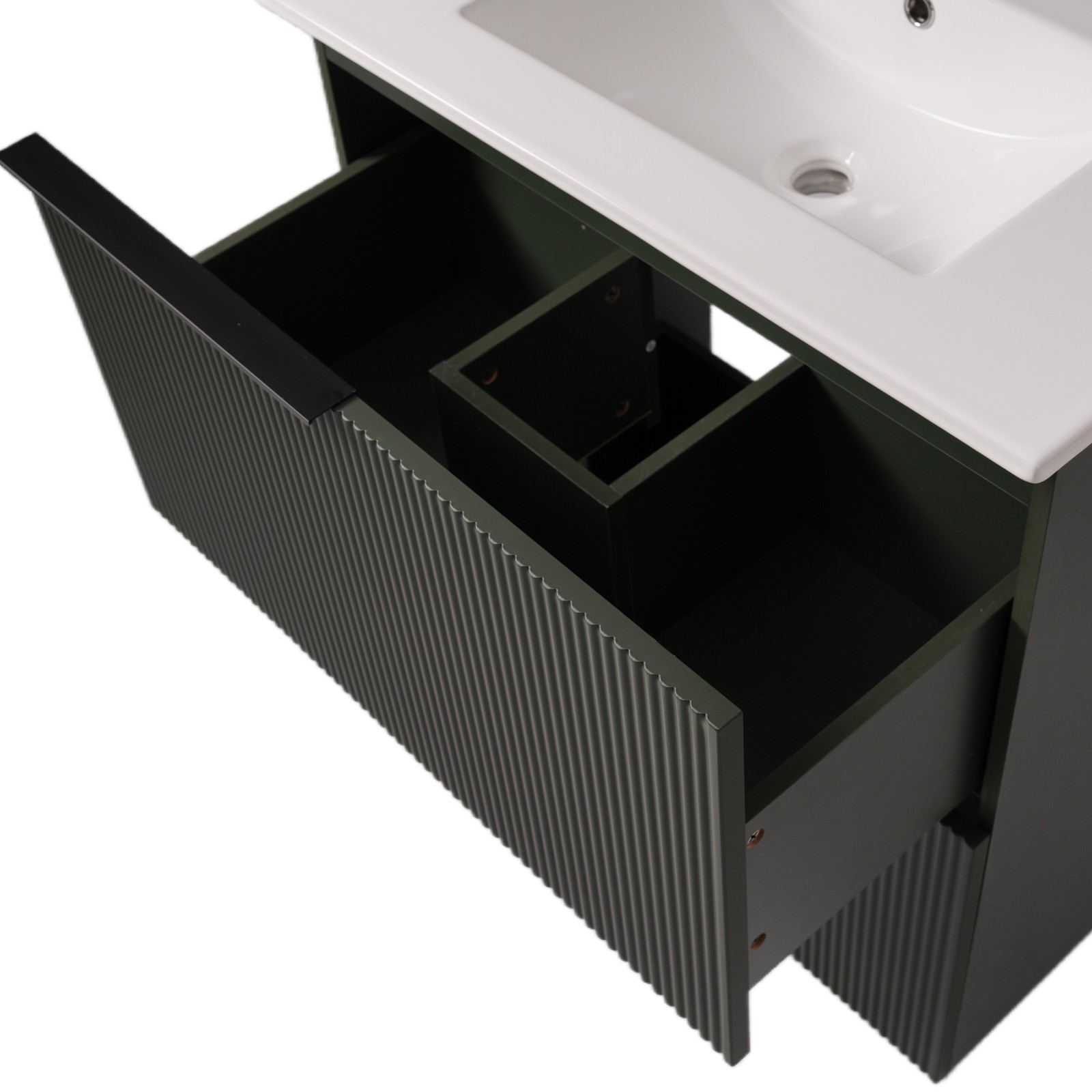 30″ Green Fluted Bathroom Vanity with Ceramic Sink & Soft Close