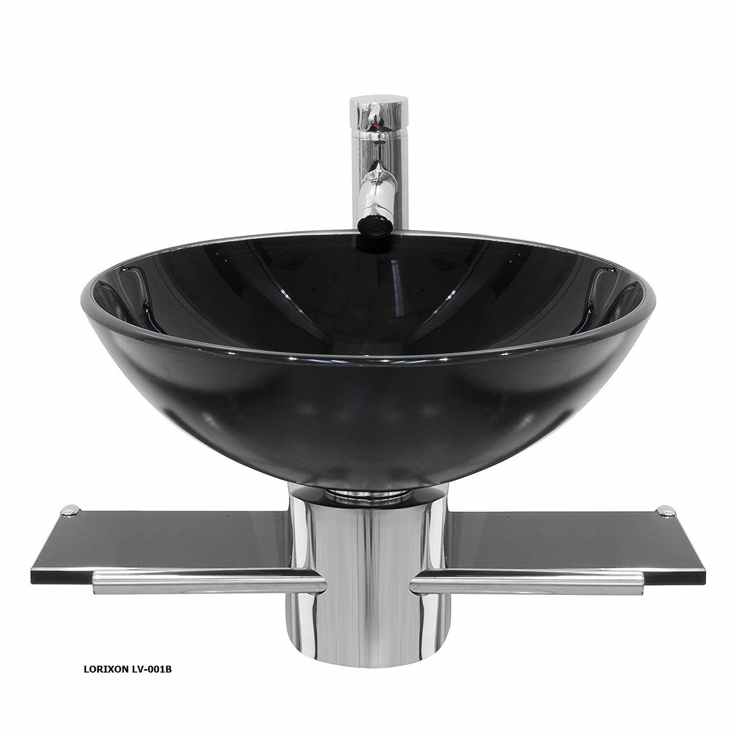 Modern Wall Mount Bathroom Pedestal Vanity Black Glass Bowl Vessel Sink Combo