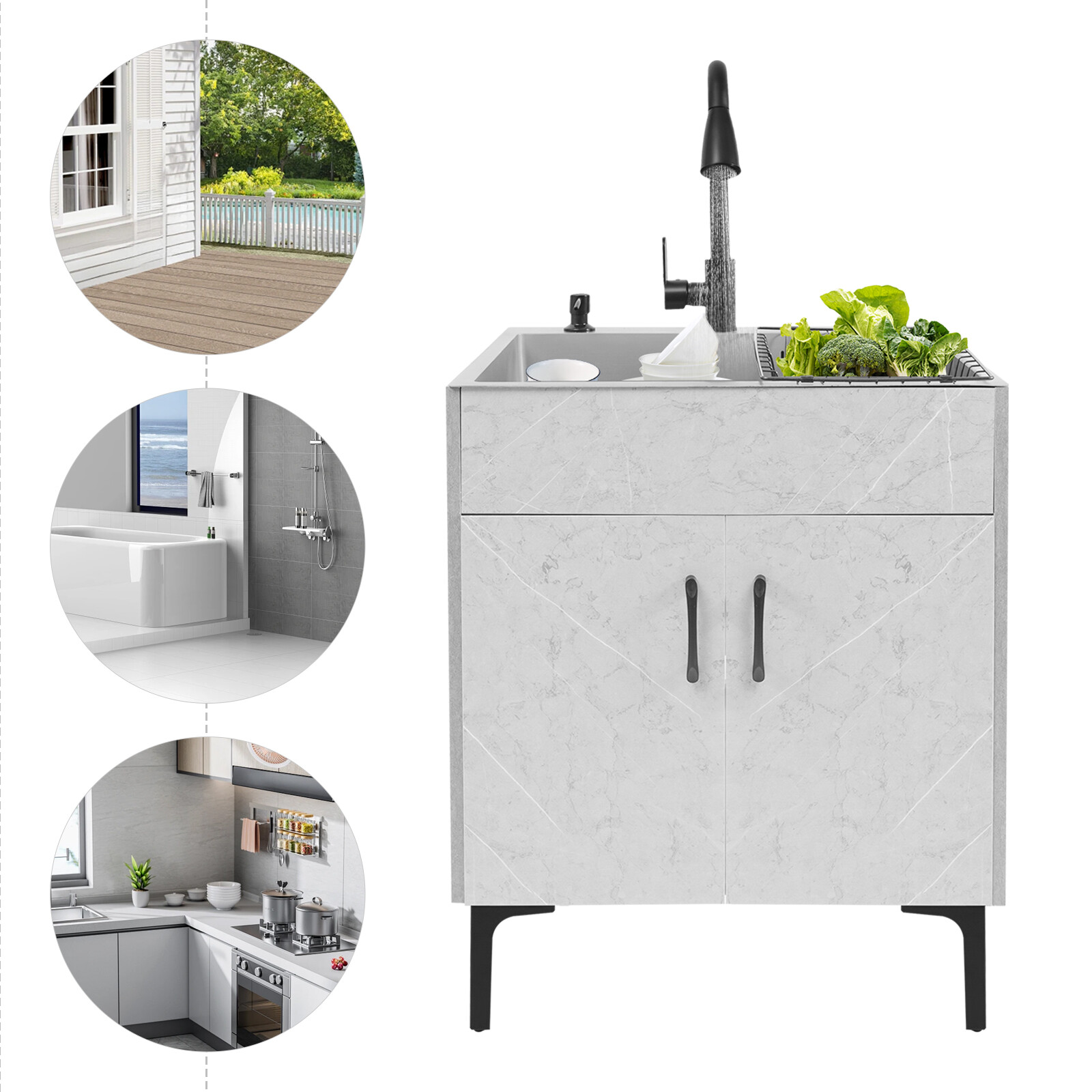 Grey Stainless Steel Sink & Freestanding Cabinet With Pull-Out Faucet
