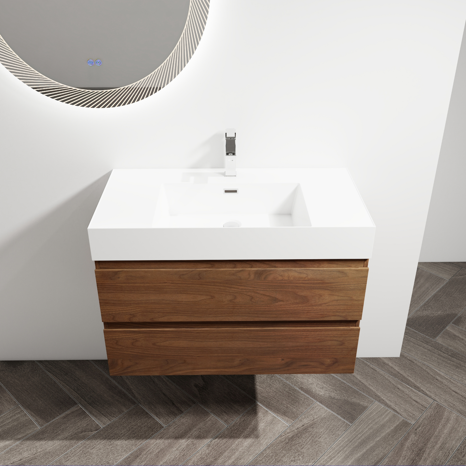 36 inch Bathroom Vanity Wall Mounted W/ Undermount Resin Sink + 2 Drawers Brown