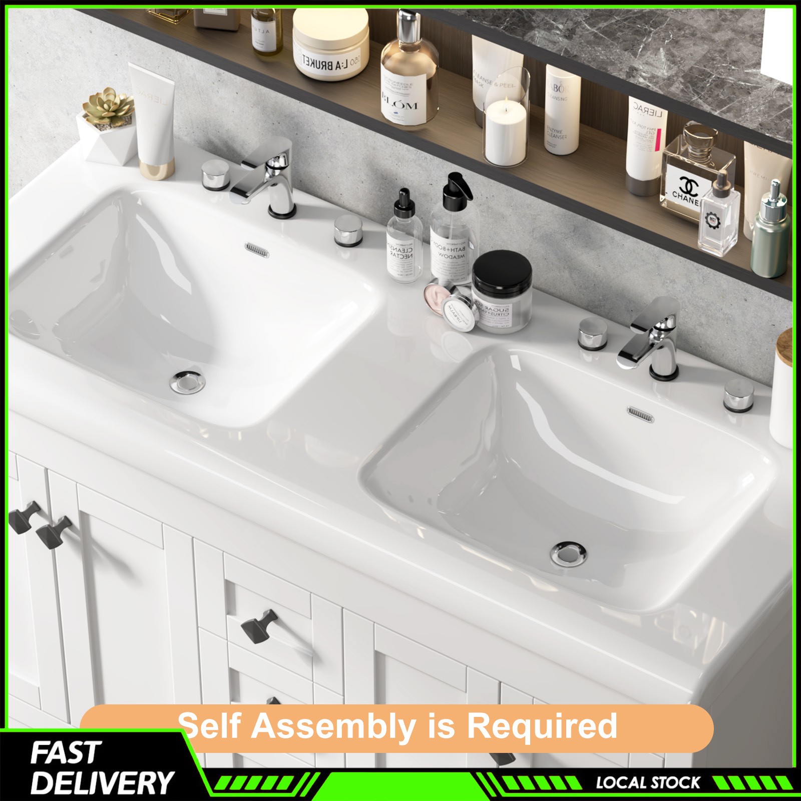 47″ White Bathroom Vanity Double Ceramic Sinks Freestanding Cabinet w/ 5 Drawers