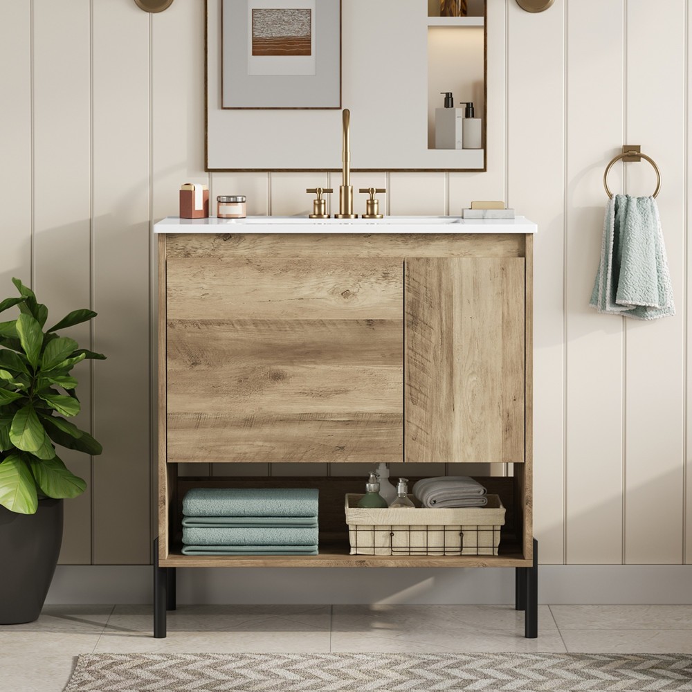 30″ Bathroom Vanity w/Ceramic Sink,Freestanding Vanity Cabinet,Open Shelf,Drawer