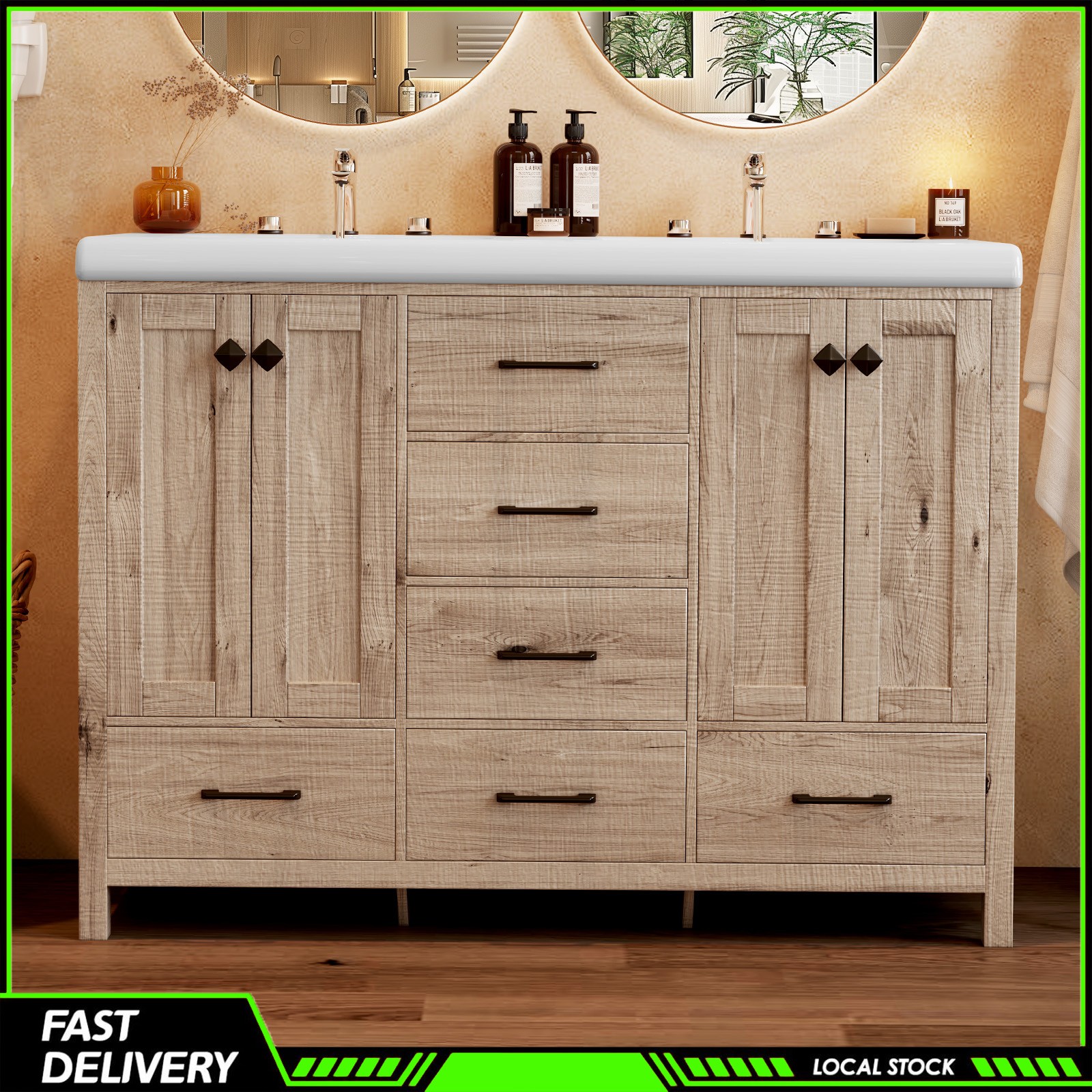 47 Inch Durable Bathroom Vanity Double Ceramic Sinks Cabinet with Doors &Drawers