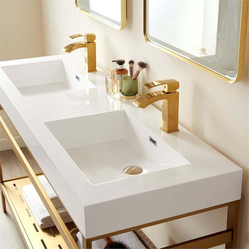 Vinnova Ablitas 60″ Double Sink Bath Vanity with Mirror – Brushed Gold/White Top