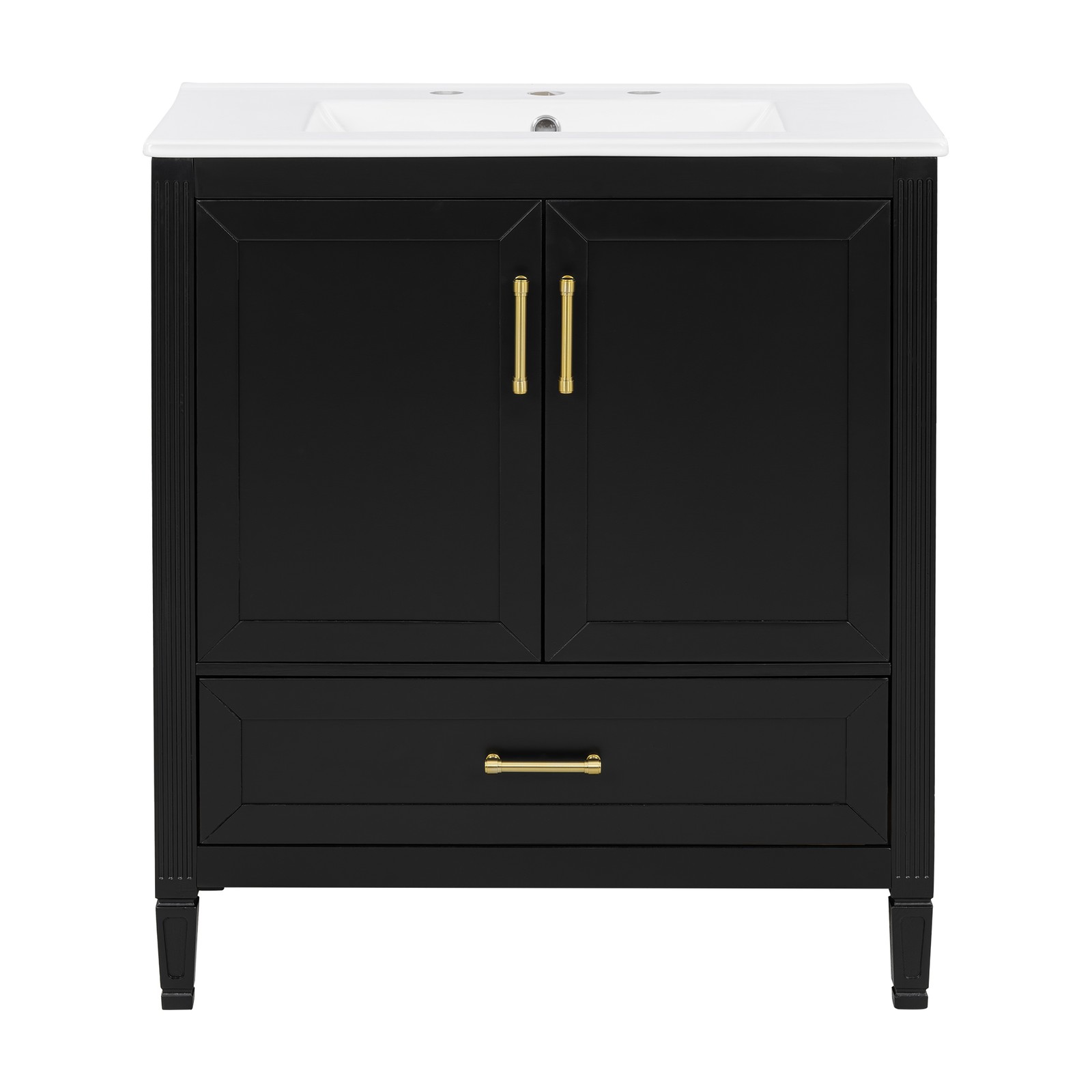 30 Inch Black Fluted Bathroom Vanity with Ceramic Sink, Soft-Close