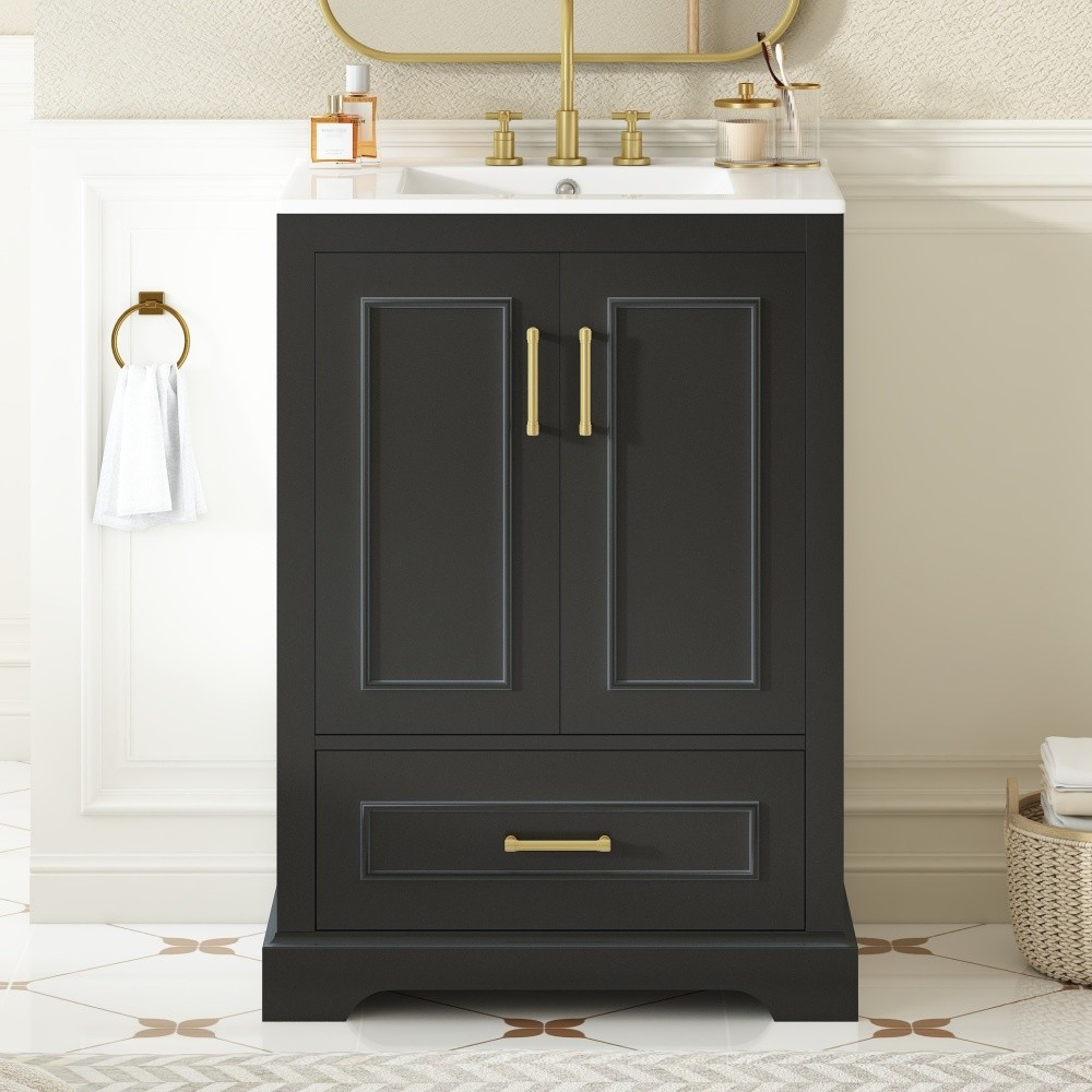 24″ Bathroom Vanity w Sink MDF Cabinet with Solid Wood Frame Freestanding Vanity