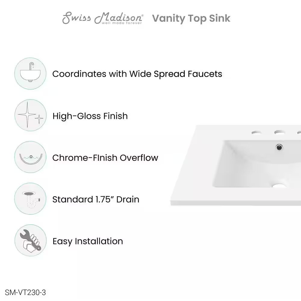 30 in. W x 18 in. D 3-Hole Widespread Ceramic Vanity Top in Glossy White