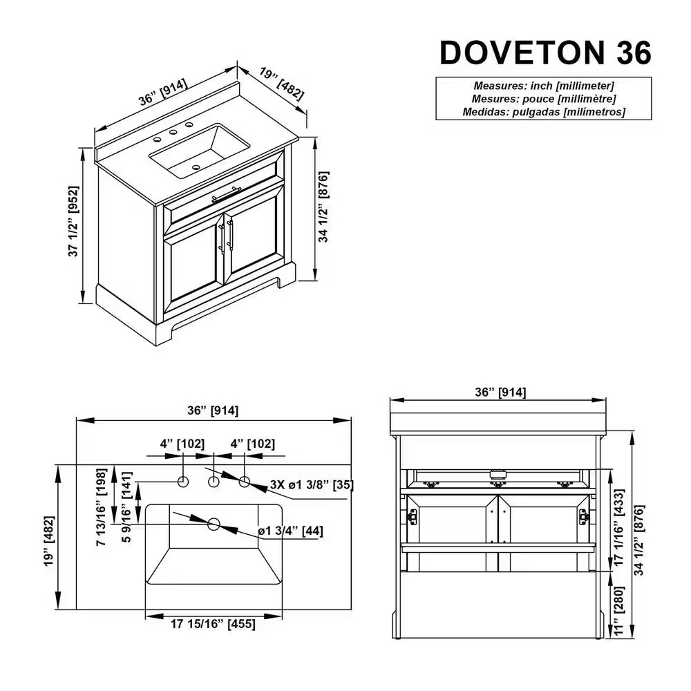 Doveton 36 In. Single Sink Freestanding White Bath Vanity with White Engineered