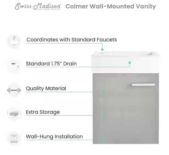 Swiss Madison Colmer 18″ Wall‑Mounted Vanity Base Only – Brushed Gray SM-BV613C