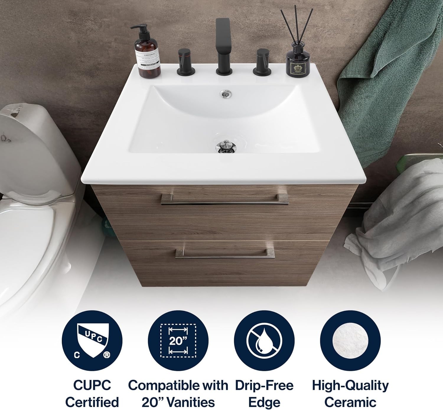 Contemporary 20″ White Ceramic Sink Top with Overflow Drain – Easy Install