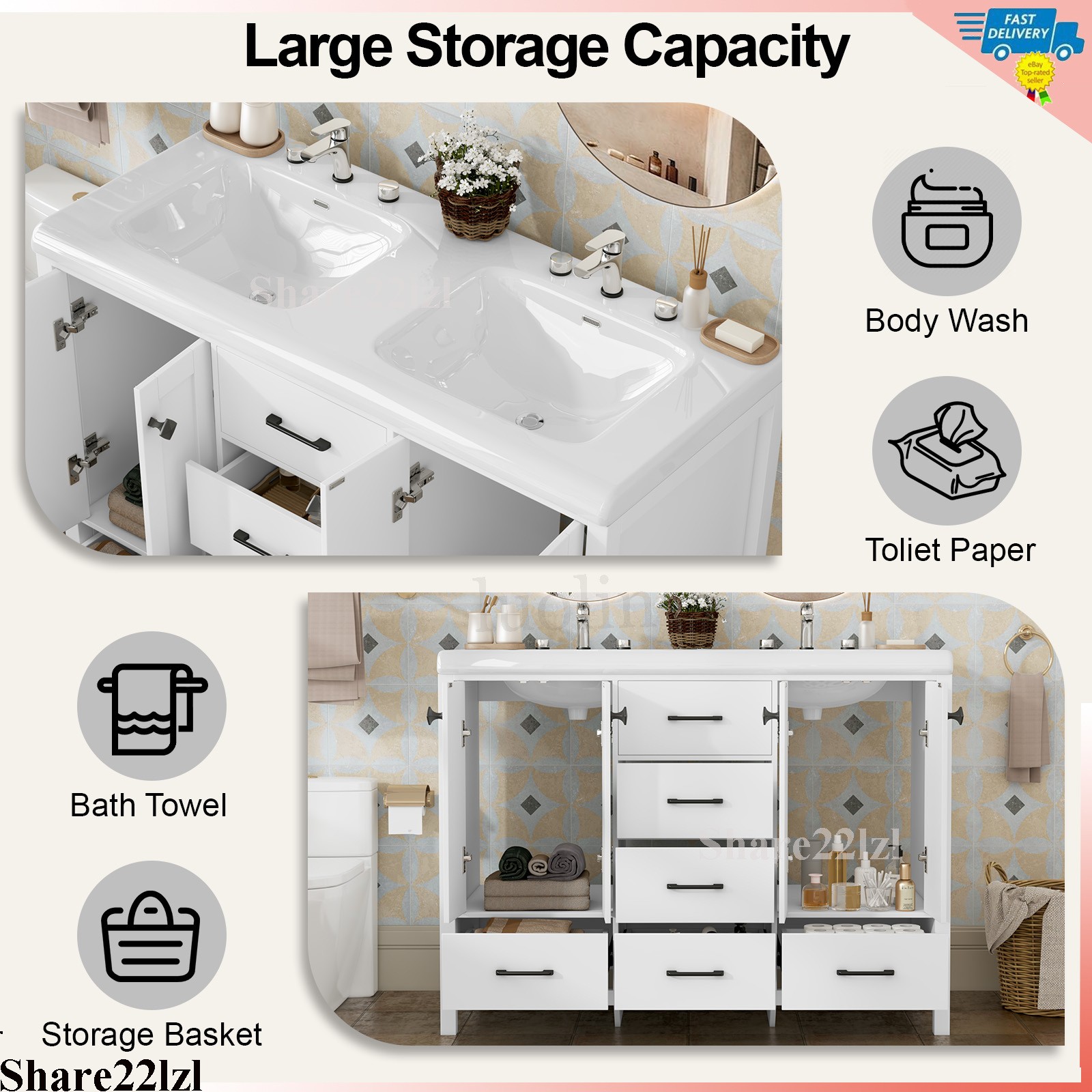 47inch Bathroom Vanity with Sink Ceramic Freestanding Cabinet with Storage Space