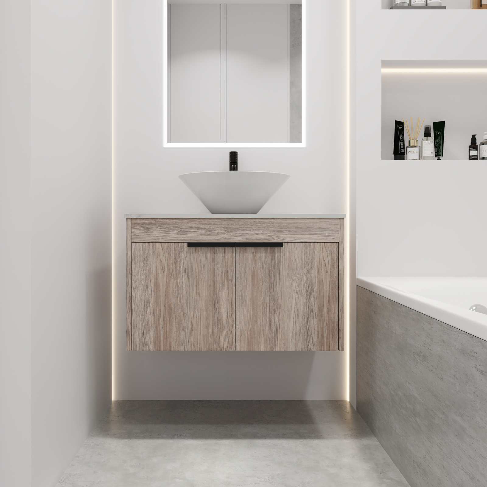 30″Wooden Floating Wall Mounted Bathroom Vanity W/Ceramic Basin Vessel Sink Top