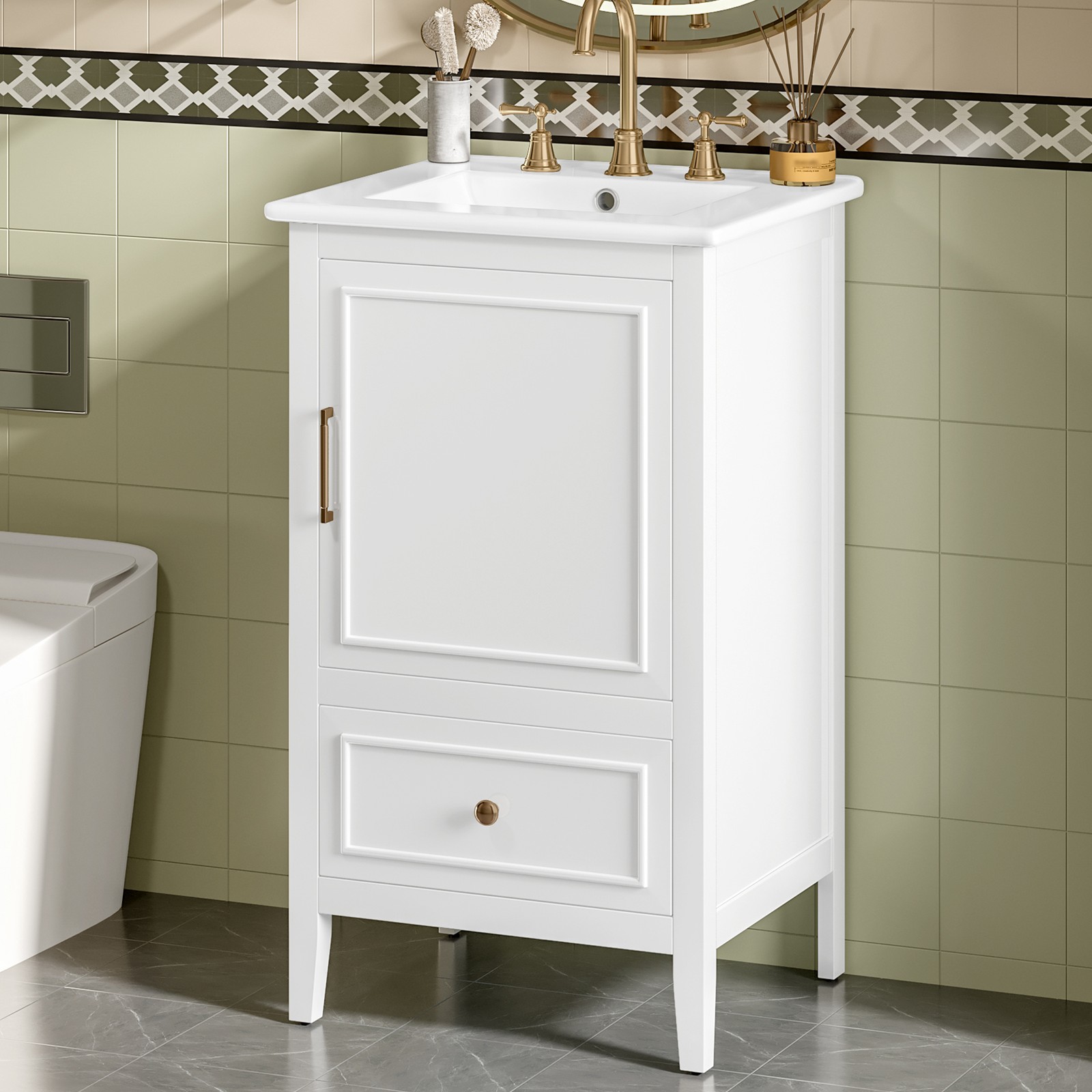 20″ Bathroom Vanity with Ceramic Sink, Cabinet & Drawer, White