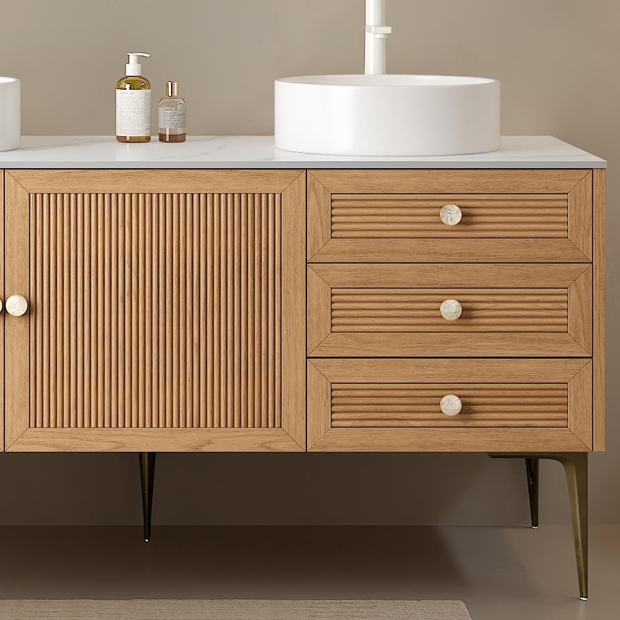 60″ Bathroom Vanity w/Double Ceramic Sink, Freestanding Vanity Cabinet,3 Drawers
