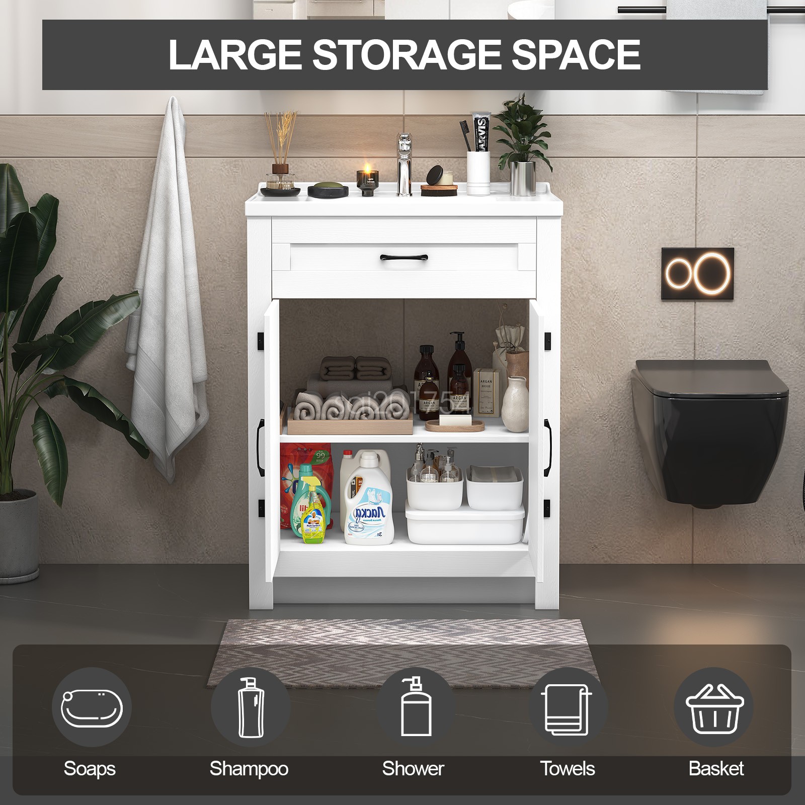 Bathroom Vanity Ceramic Single Basin Vanity Freestanding Vanity Cabinet 35.4Inch