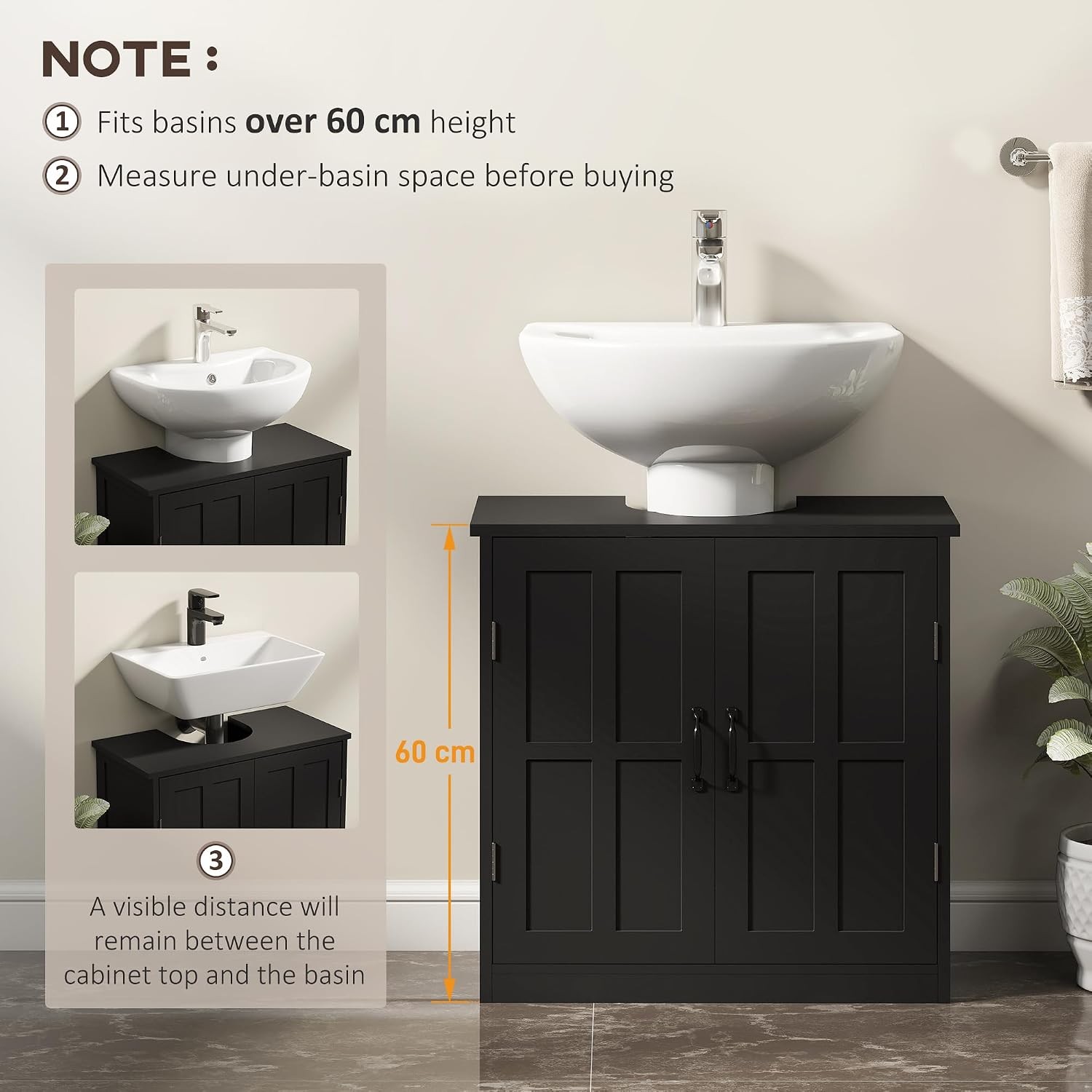 Pedestal Under Sink Storage Cabinet Black, Bathroom with U-Shape Cut-Out 2 Doors