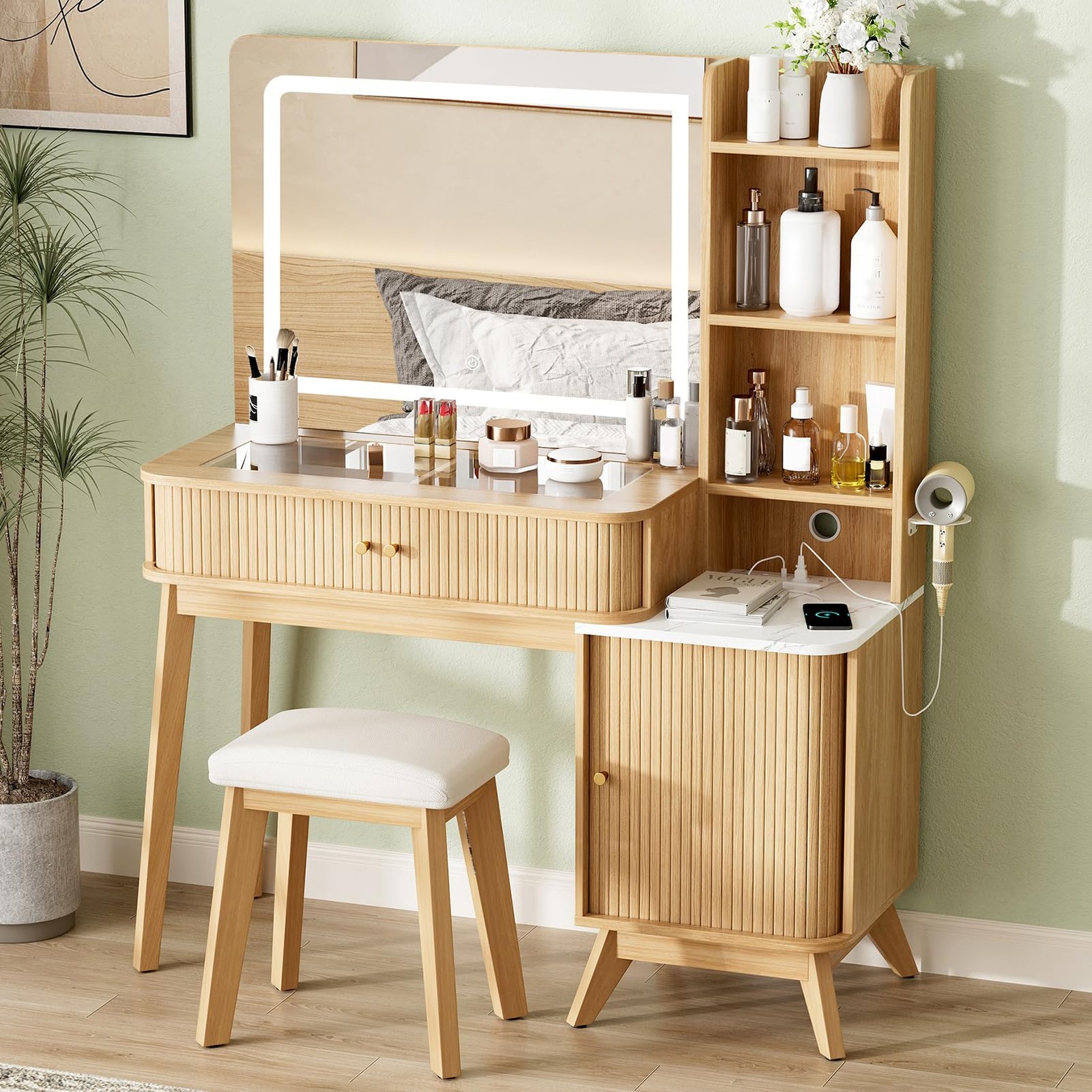 Fluted Makeup Vanity Desk Mirror Lights Glass Top Sliding Door Power Outlets